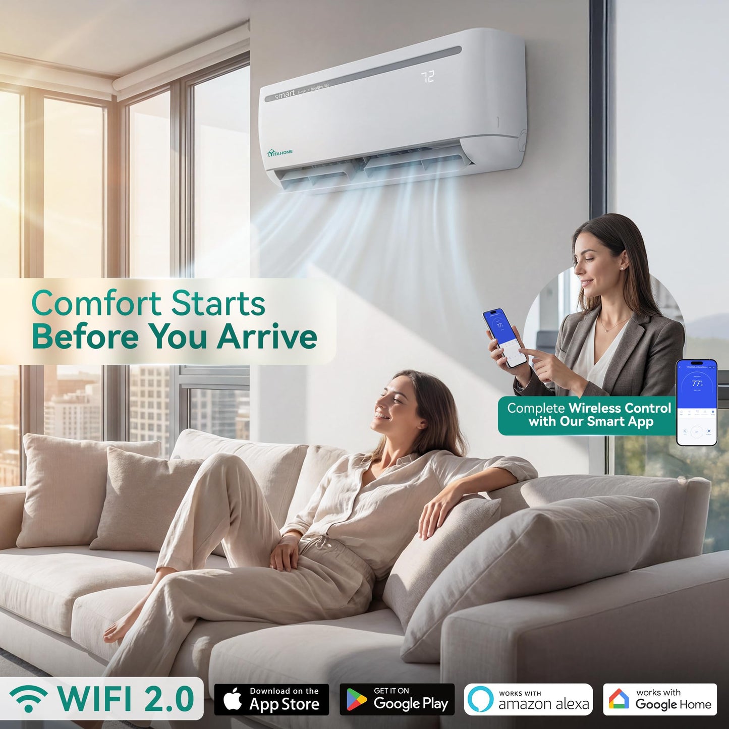 YITAHOME Mini Split AC/Heating System, 24000 BTU Ductless Mini Split Air Conditioner Heat Pump, 208/230V SEER2 18.5 Energy Efficient Inverter AC Unit,Wifi Enabled Works with Alexa, 2 Ton,J Series