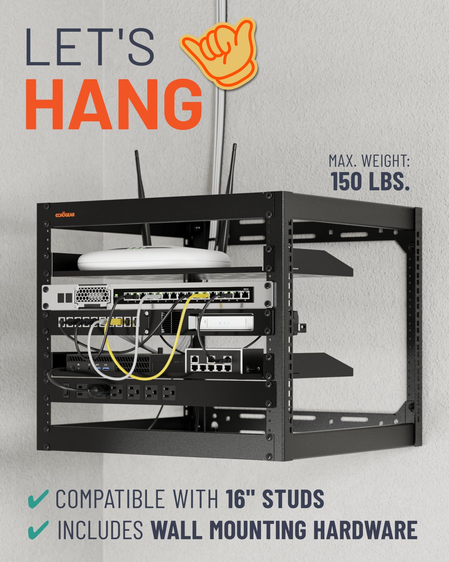 ECHOGEAR 10U Network Rack - Wall Mountable Heavy Duty 4 Post Design Holds All Your Networking & AV Gear - Open Frame Design Includes 2 1U Vented Shelves & Mounting Hardware