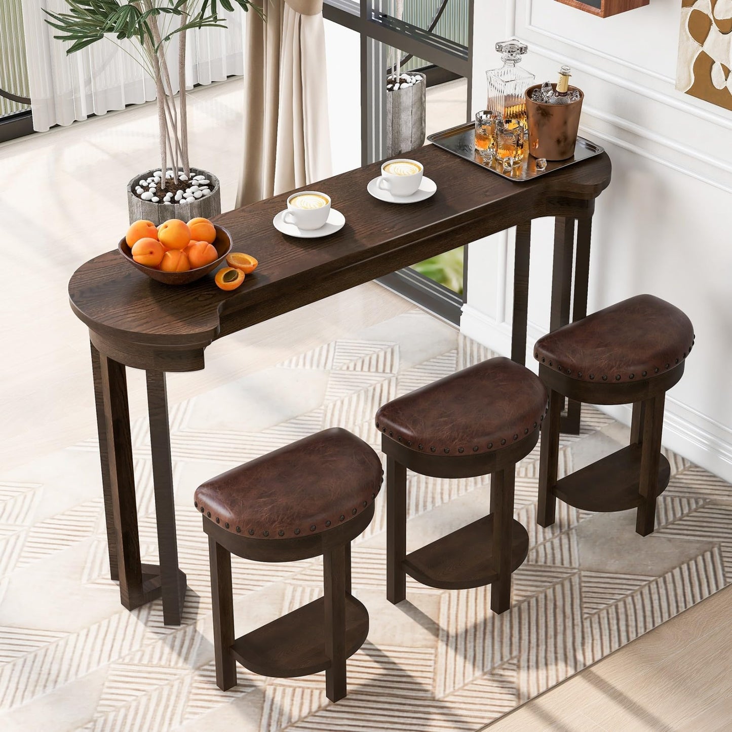 KEIKI 60" Solid Pine Wood Bar Table Set with 3 PU Stools Chairs, Long Bar High Top Dining Table & Upholstered Stools, Behind Couch Sofa Counter Height Pub Table for Breakfast, Kitchen Living Room