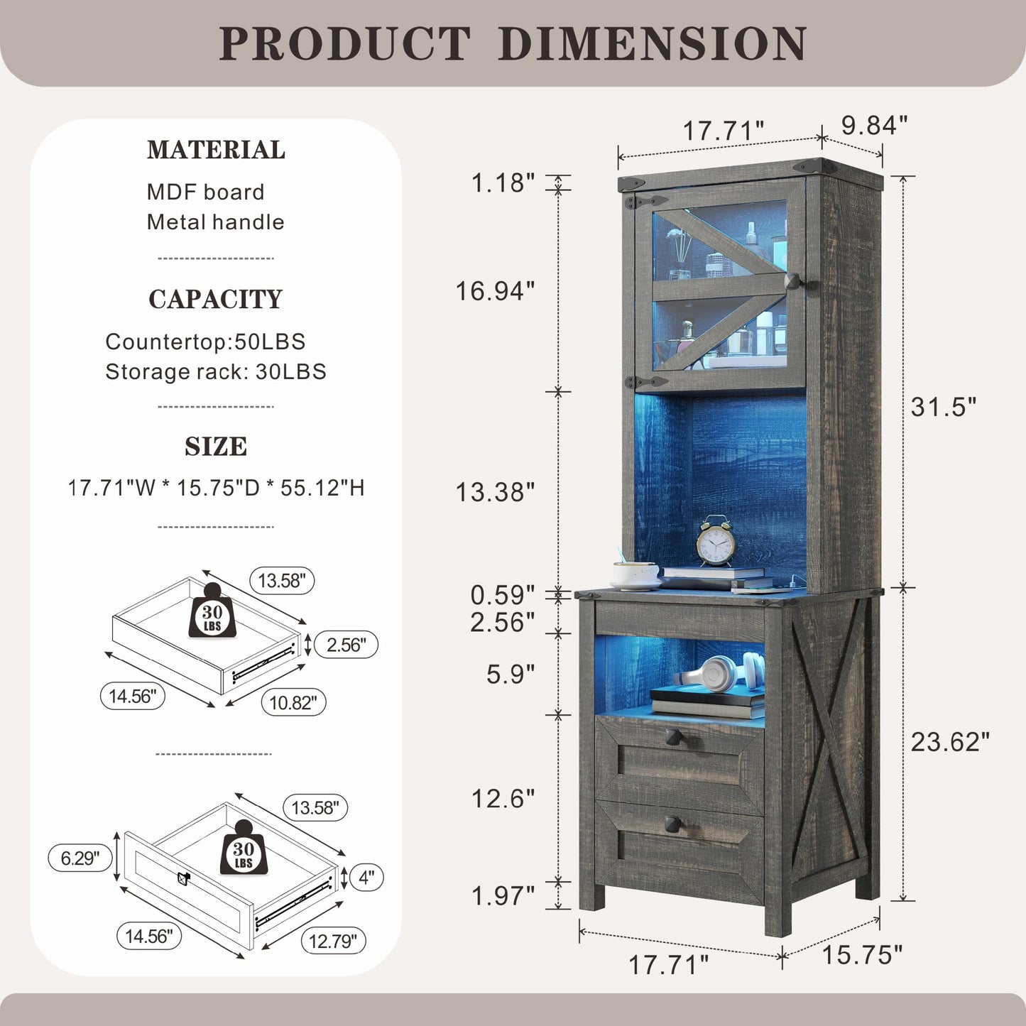 HWB Tall Night Stand with Charging Station and LED Lights, Farmhouse Nightstand with Gun Drawer&Adjustable Shelf, Bedside Table with 3 Drawers for Bedroom, Rustic Brown