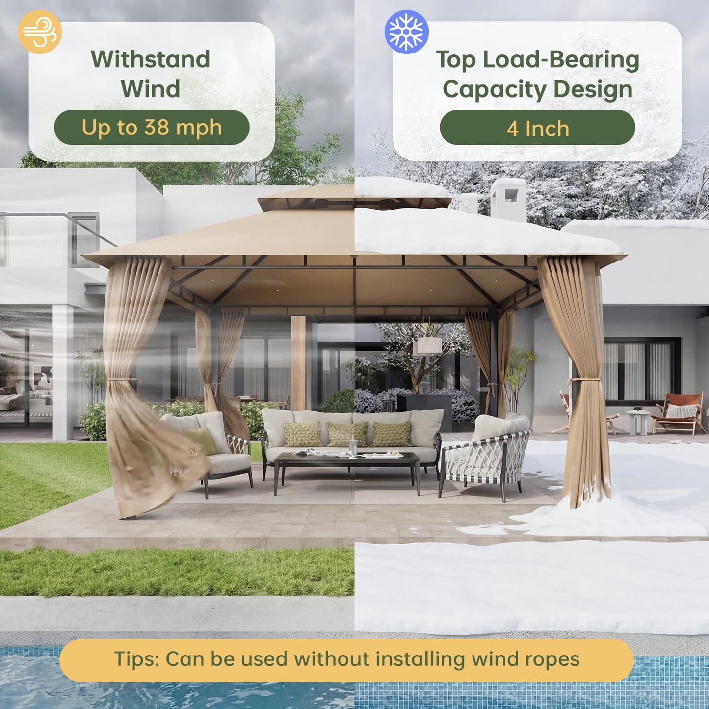 Aoxun 12x10 Gazebo with Double Roof & Mosquito Netting Outdoor Heavy-Duty Party Tent, Patio Tent with Zipper Screens - Backyard Garden Lawn Shelter Includes Wind Ropes Expansion Bolts, Beige