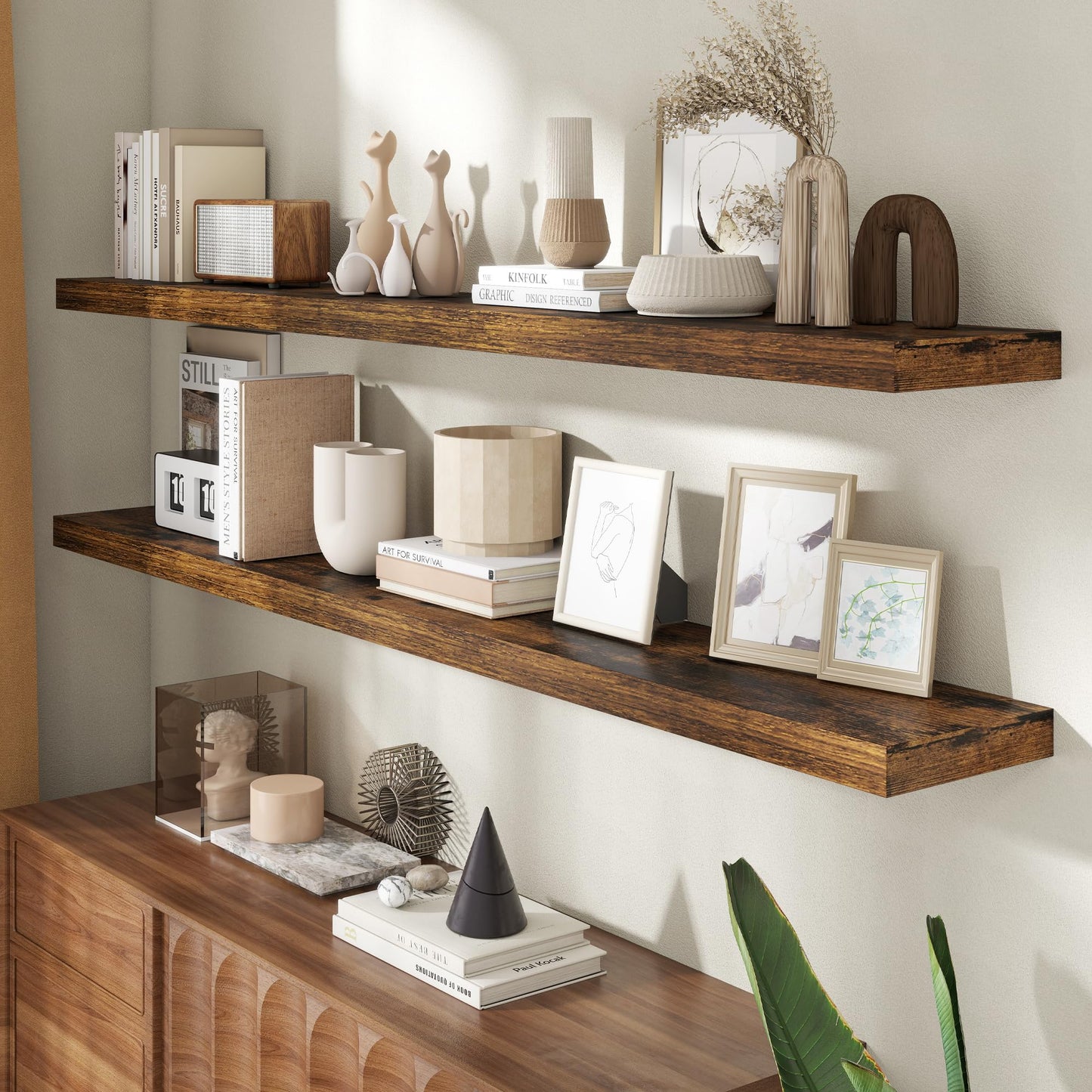 72 Inch Floating Shelves for Wall, 8 Inch Deep Floating Shelf for Storage & Display, Wall Mounted Shelf with Invisible Brackets for Living Room, Kitchen, Bathroom, Home Decor, Set of 2, Rustic Brown