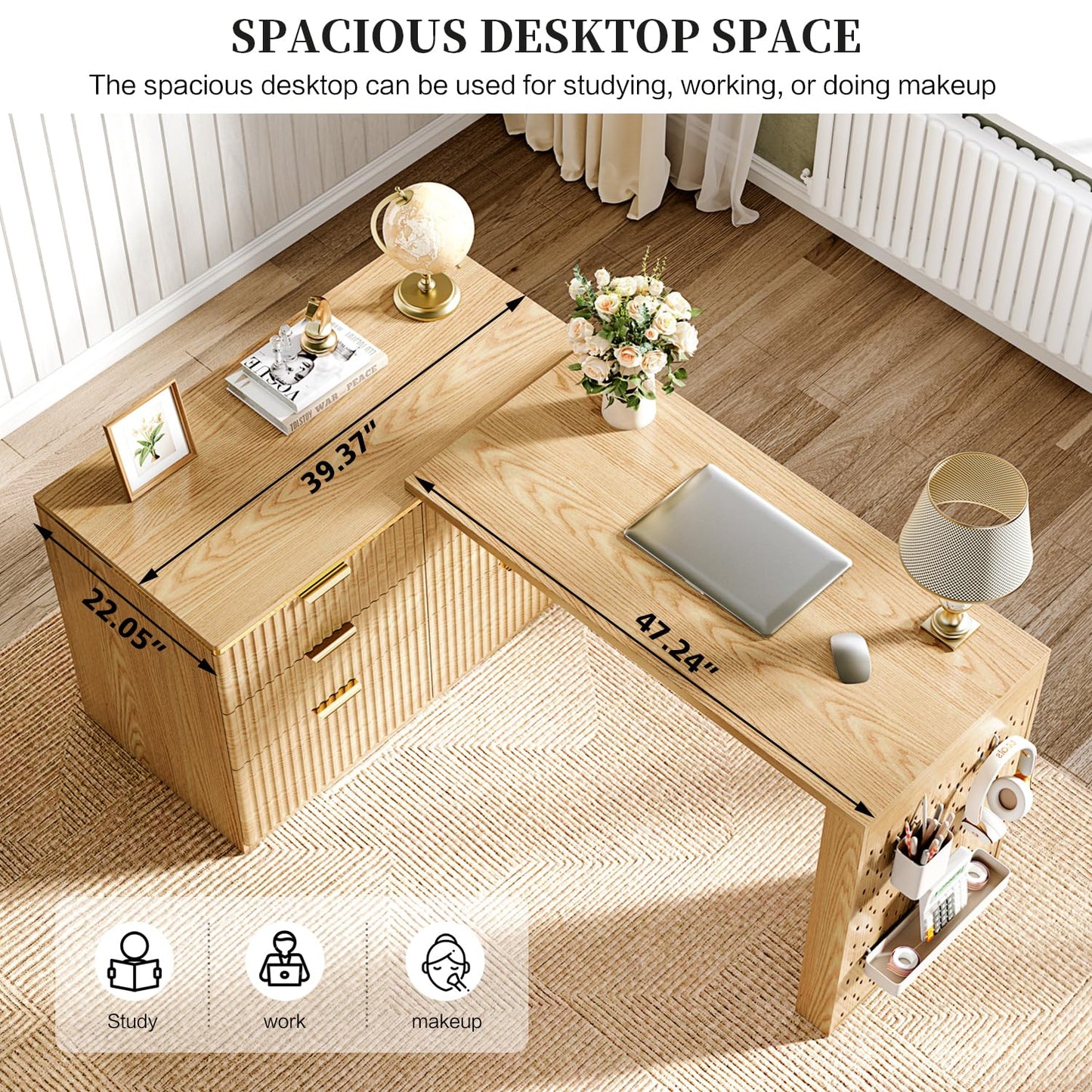 Ieejdn L Shaped Expandable Desk,47" Home Office Desks, Executive, Farmhouse Computer Desk with 6 Drawers File Drawer, Rustic Computer Writing, Oak