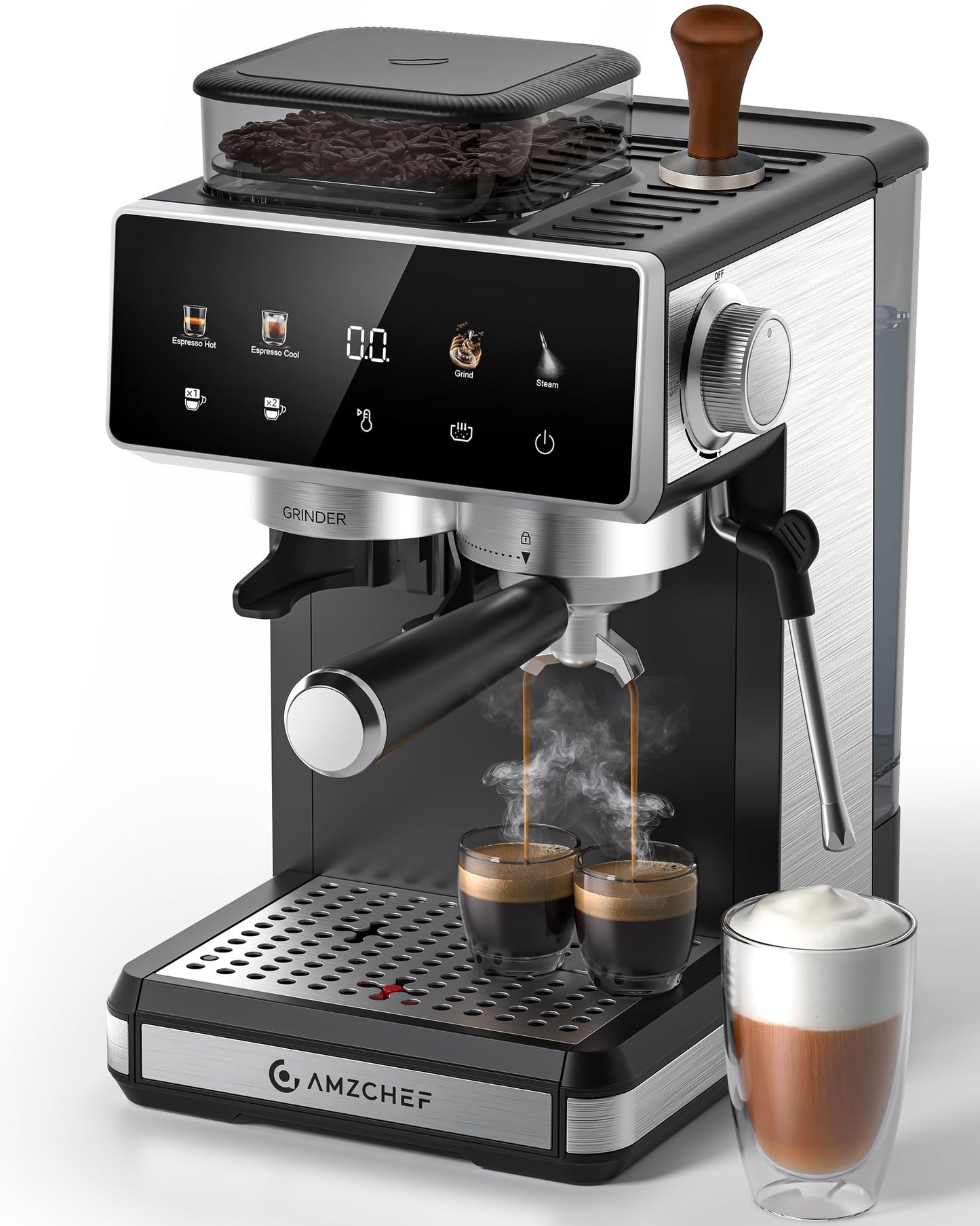 AMZCHEF Espresso Machine with Grinder, 3 Temp 197-205℉ Professional Espresso Machine, 3-10s Pre-Infusion, 20 Grind Settings, Latte Cappuccino Maker Home Barista, Black