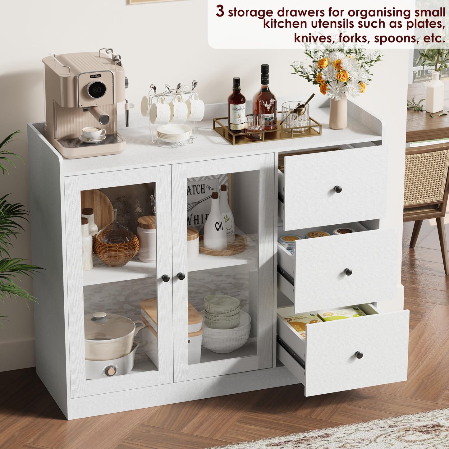 IDEALHOUSE Buffet Cabinet with Storage, 43" Modern Sideboard Kitchen Cabinet with Guardrail Design & Adjustable Shelves & 3 Drawers, Wood Buffet Table for Kitchen, Dining Room, White