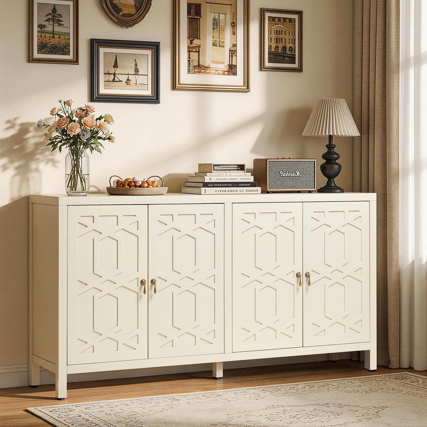 FansaFurn 60'' Buffet Cabinet with 4 Doors, Modern Wood Sideboard with Adjustable Shelves, Painted Coffee Bar Table Credenza Storage Cabinet for Living Room, Dining Room, Beige