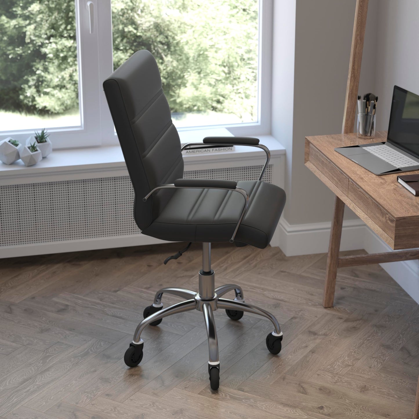Flash Furniture Camilia Mid-Back Black LeatherSoft Executive Swivel Office Chair with Chrome Frame, Arms, and Transparent Roller Wheels