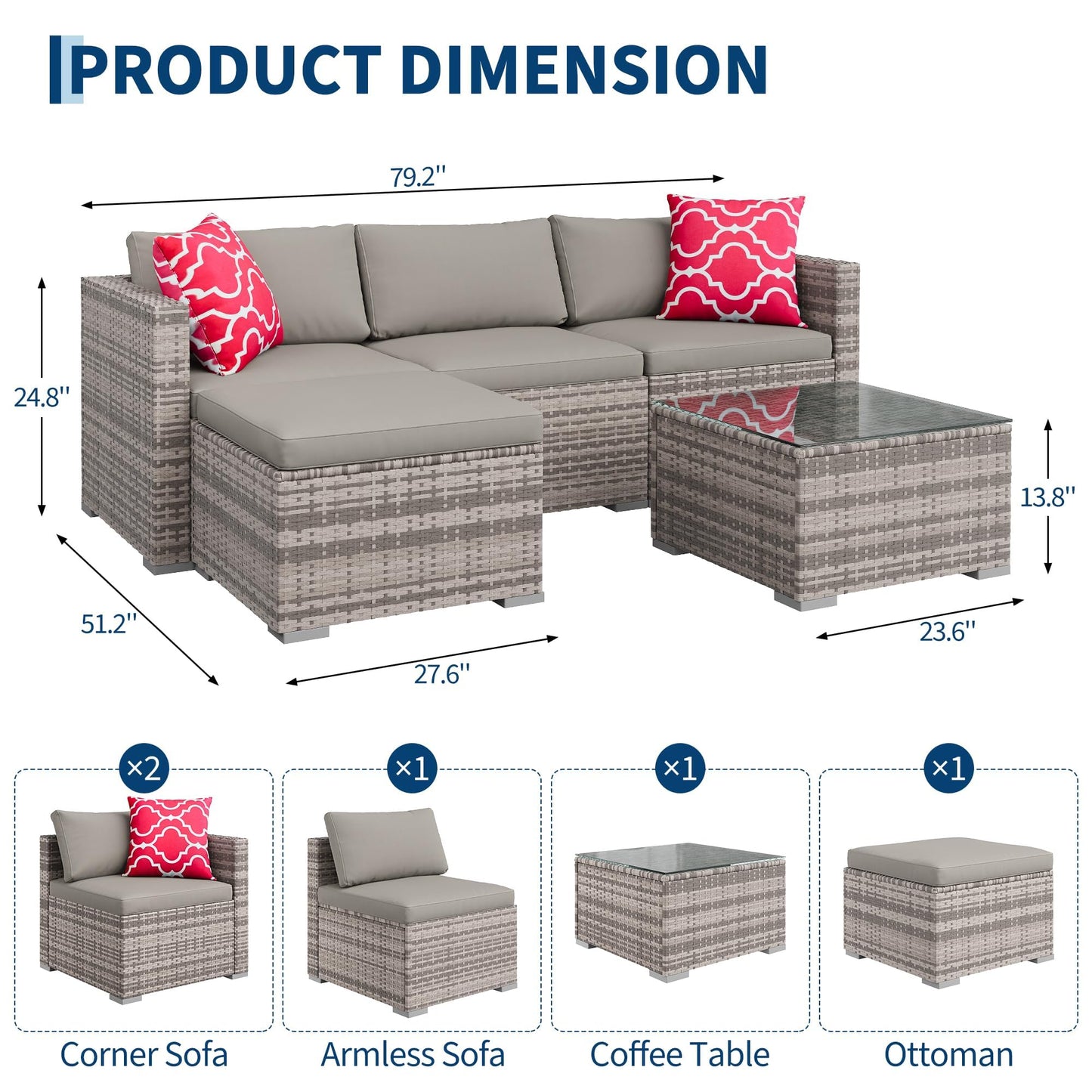 MilleLoom 5 Piece Outdoor Sectional Sofa Set, PE Rattan Patio Furniture Set with Ottoman and Tempered Glass Table, Convertible Wicker Conversation Set for Backyard Porch Poolside, Gray