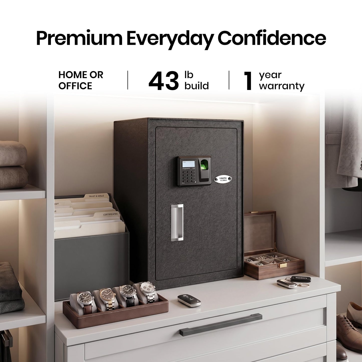 Viking Security Safe Large Biometric Safe – Quick-Access Fingerprint, PIN & Key Entry, Heavy-Duty Steel with Anti-Pry Door, Adjustable Shelves, Interior LED Light VS-50BLX