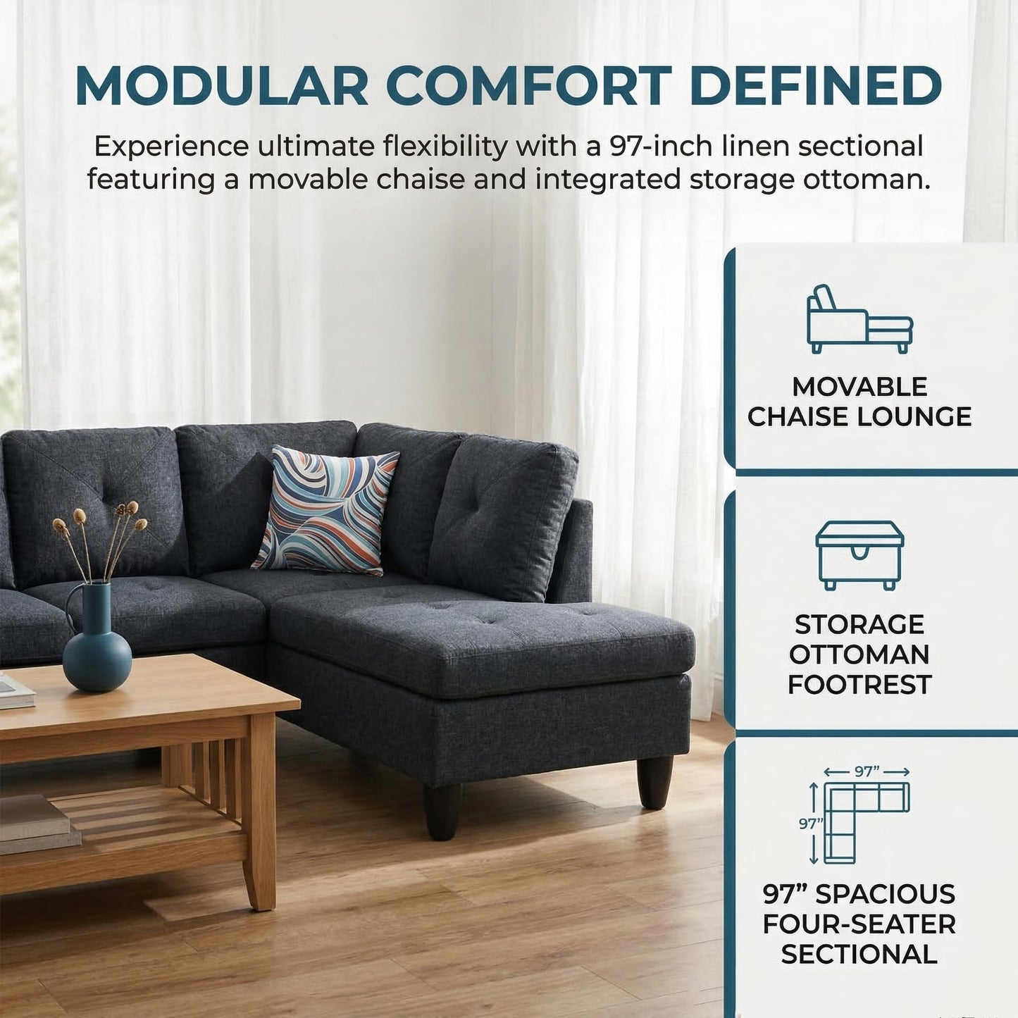 Trygoal 97" Linen 4-Seat L-Shaped Sectional Sofa with Movable Chaise & Storage Ottoman - 3-Piece Modular Convertible Couch for Living Room, Bedroom, Apartment & Office, Black Gray