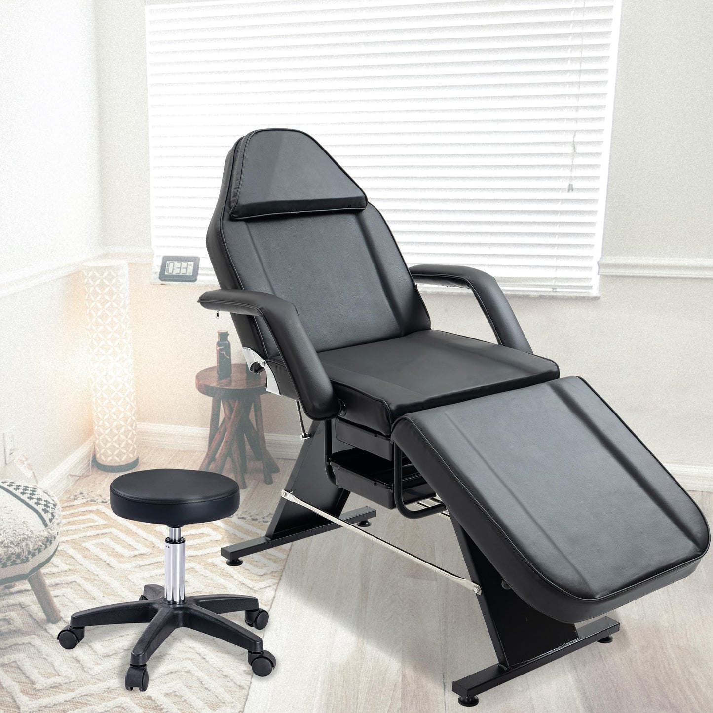 Brisca Massage Salon Tattoo Chair with Two Trays,Esthetician Bed W/Hydraulic Stool and Multi-Purpose 3-Section Facial Table,for Barber,Mani-pedis,Spa,Black