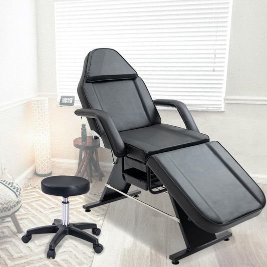 Brisca Massage Salon Tattoo Chair with Two Trays,Esthetician Bed W/Hydraulic Stool and Multi-Purpose 3-Section Facial Table,for Barber,Mani-pedis,Spa,Black