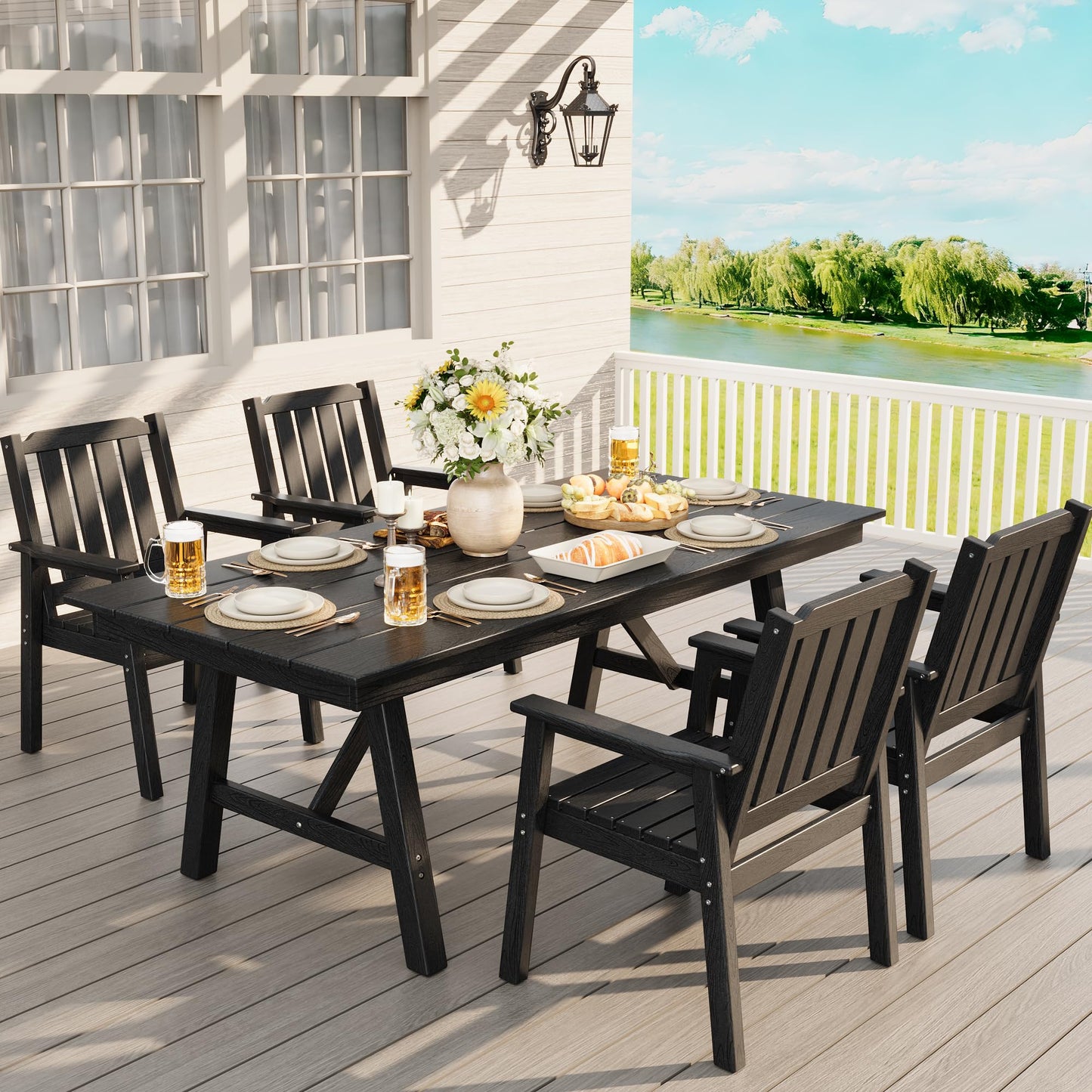 IDEALHOUSE 5-Piece Outdoor Patio Dining Set for 4-6, HDPE Table with Umbrella Hole and Sturdy Aluminum Frame, Weather-Resistant Garden Table and Chairs for Backyard, Poolside and Porch, Black