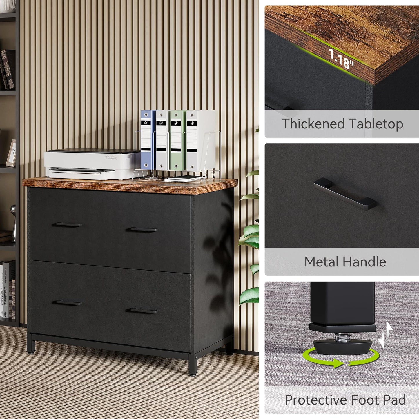 File Cabinet with Drawers, 30.7-Inch Lateral Cabinet under Desk for A4 and Letter Size Documents, Printer Stand, Filling Cabinet Under Desk Storage Organizer for Home Office, Brown & Black