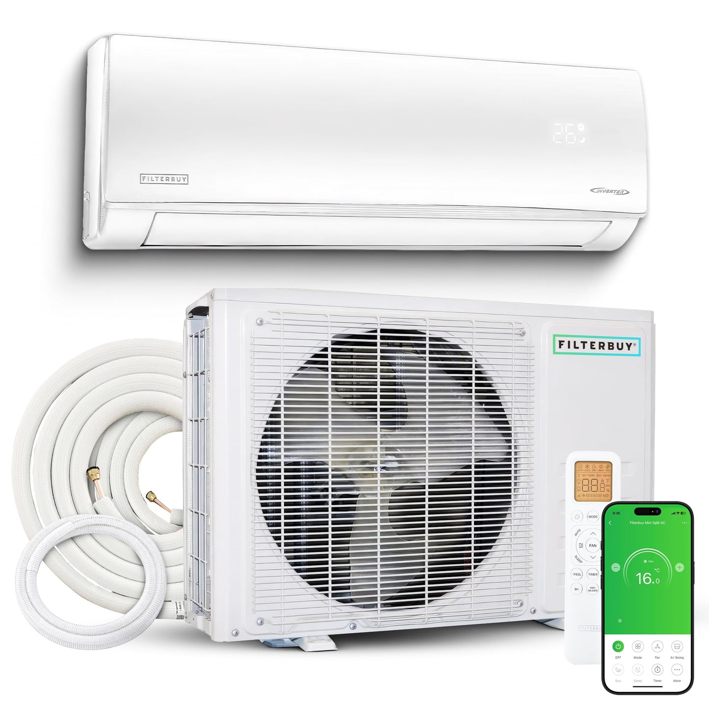 Filterbuy 18,000 BTU Mini Split AC Heating System, 17 SEER2, 230V, Ductless Inverter Heat Pump, R32, WiFi + Alexa + More, Self-Cleaning, ETL & AHRI Certified, Up to 850 Sq Ft, Install Kit Included