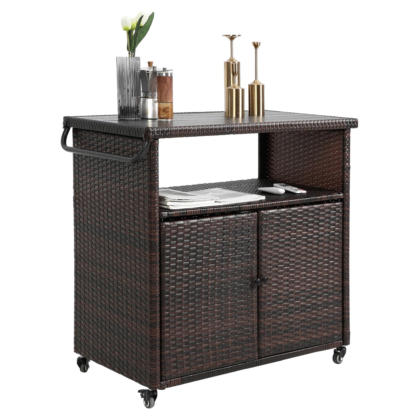GDFStudio Outdoor Wicker Bar Cart with Wheels, Patio Rolling Rattan Beverage Serving Cart with Plastic Wood Top, Storage Cabinet Wine Trolley for Backyard, Garden, Poolside, Porch Party, Light Brown