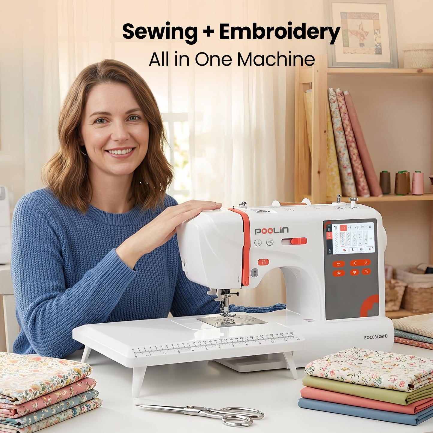 PooLin EOC03(2in1) Sewing and Embroidery Machine 4"x4" & 4"x9.25" Embroidery Size, 130 Built-in Designs 207 Sewing Stitches, 4.3" Touch Screen with WiFi Transfer, Includes Full Kits 1-on-1 Training