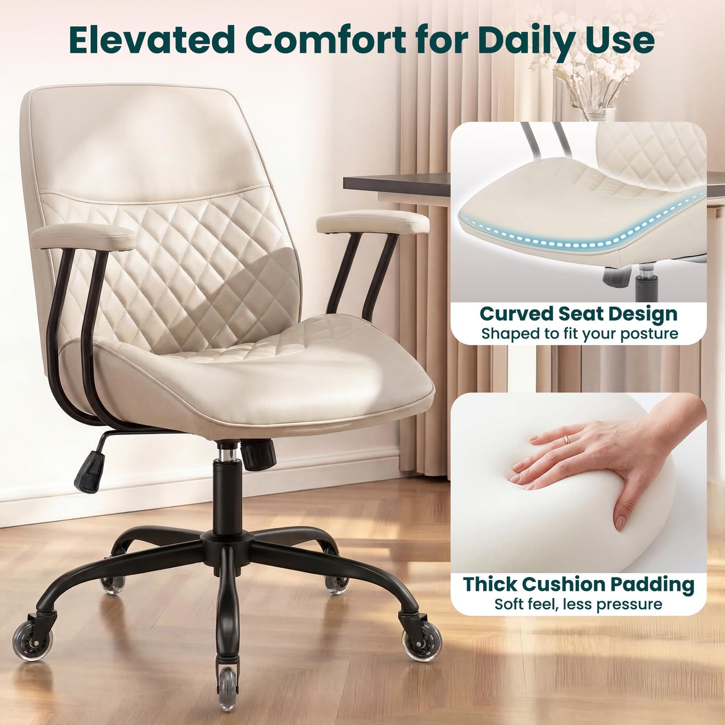 NEO Chair Ergonomic Leather Office Desk Chair with Fixed Armrests Mid Back Lumbar Support Swivel Executive Computer Chair with Wheels Comfy Home Office Chair for Adults (Ivory)