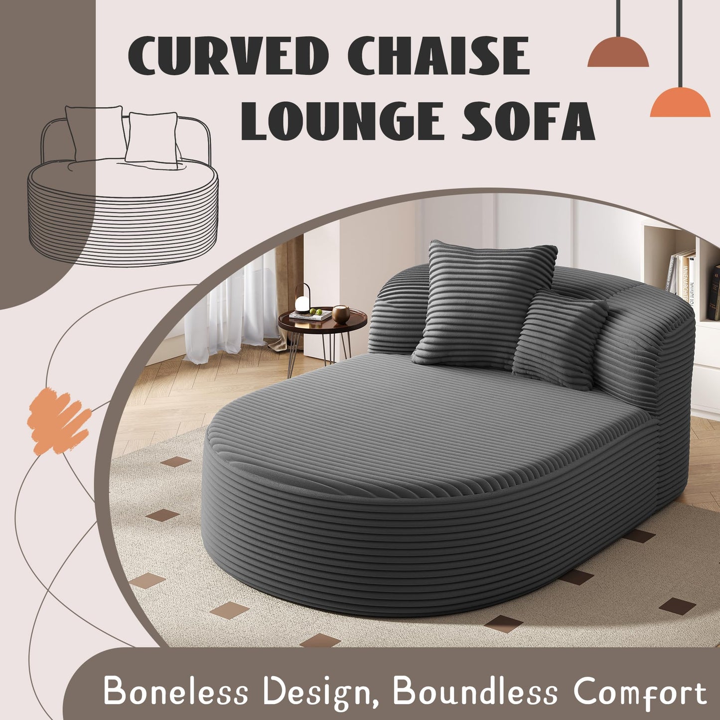 51.6-Inch Fluffy Corduroy Boneless Sleeper Daybed Oversized Single Recliner Foam Cloud Lounge Chaise,Floor Cloud Sofa Chaise W/2 Toss Pillows for Bedroom Living Room