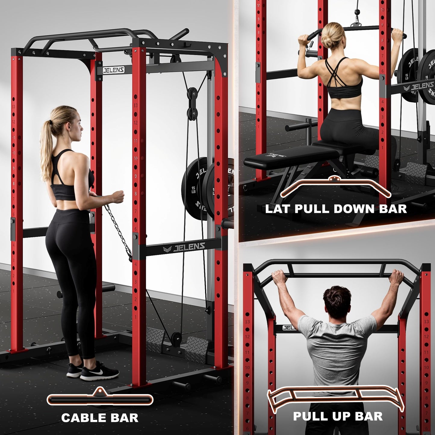 JELENS S21 Power Cage, Multi-Function Power Rack with Adjustable Cable Crossover System, 2000LBS Squat Rack for Home Gym with More Training Attachments (Red, 0823BK-05)