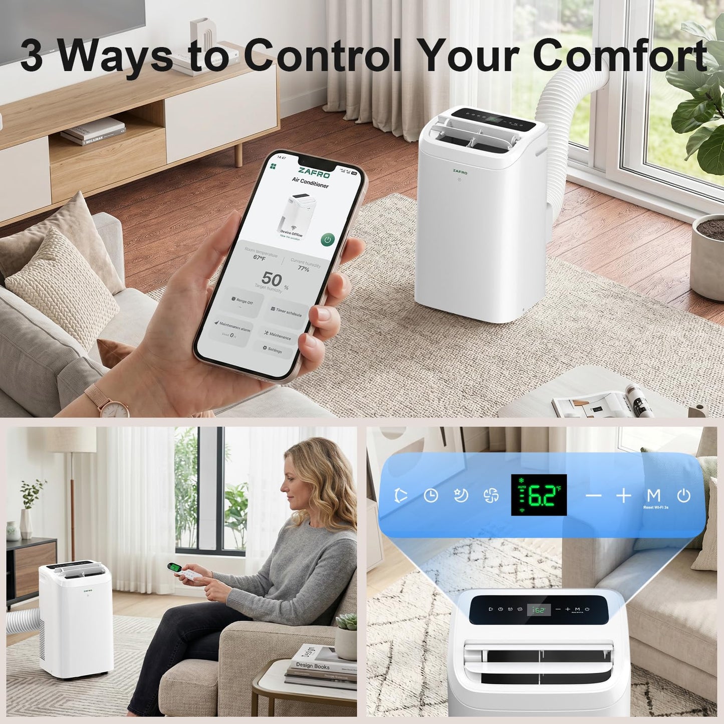 ZAFRO Portable Air Conditioner, 12050 BTU (8050 BTU SACC), Cools Rooms up to 500 Sq.Ft, Smart Portable AC Unit with Ultra-Quiet (44dB), Drainage-Free Cooling, Energy-Efficient, Easy Installation
