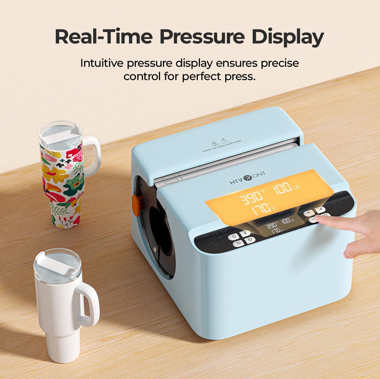 HTVRONT Auto Tumbler Heat Press - A200H Full Cup Transfer Heat Press Machine for 40 OZ Tumbler with Handle, Heat Even Cups Sublimation Machine with Adjustable Pressure & 4 Memory Modes, Blue