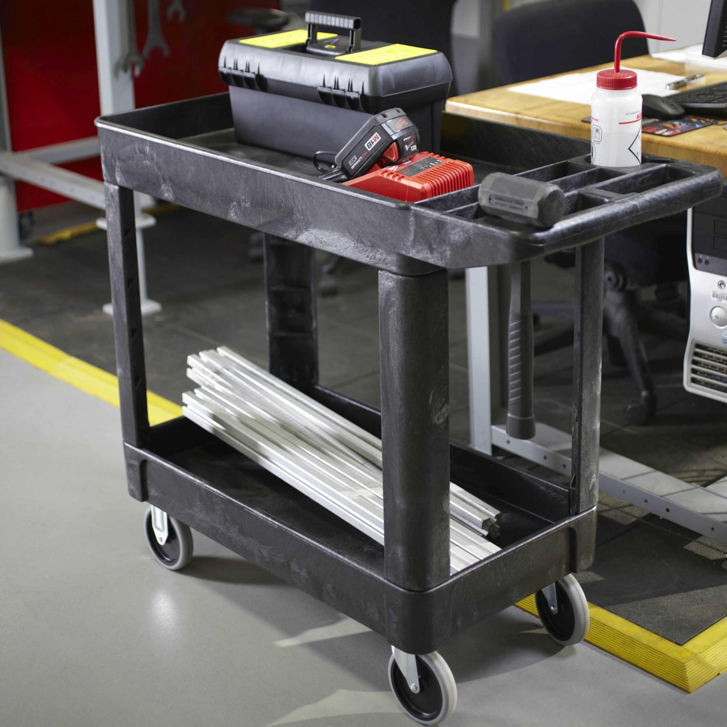 Rubbermaid Commercial Products 2-Shelf Utility/Service Cart, Small, Lipped Shelves, Storage Handle, 500 lbs. Capacity, for Warehouse/Garage/Cleaning/Manufacturing