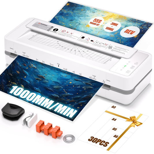 13" Heavy-Duty 4-Roller Laminator Machine, Fast 55s Warm-Up, 3-10 Mil A3/11x17 Laminating Machine, 1000mm/min Speed, Auto-Reverse Jam Prevention, Includes 30-Sheets for Office & School(White)