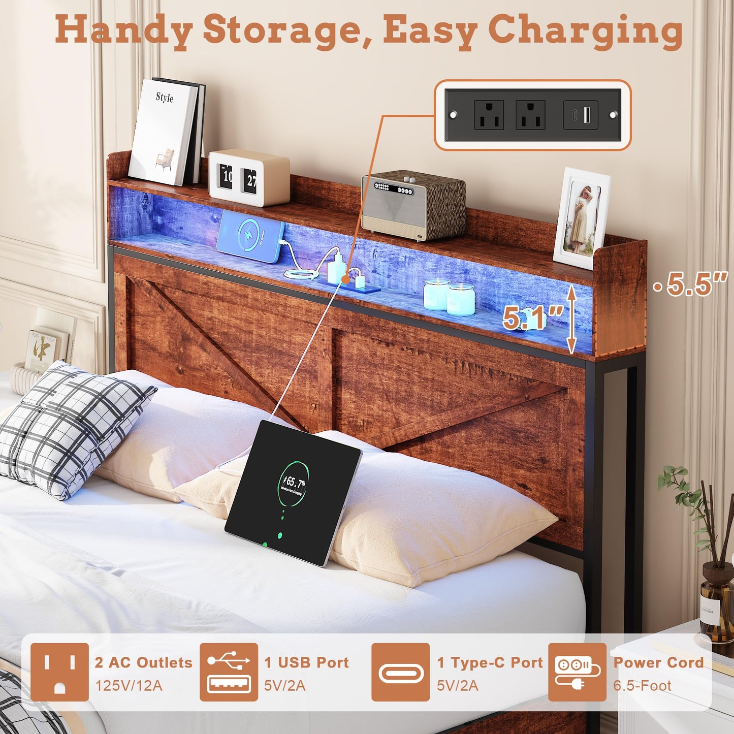 KEIKI Full Size Bed Frame with Storage Headboard, Wood Platform Bed with Charging Station & Footboard Drawers, Sturdy Metal Slats, Noise-Free, No Box Spring Needed, Brown