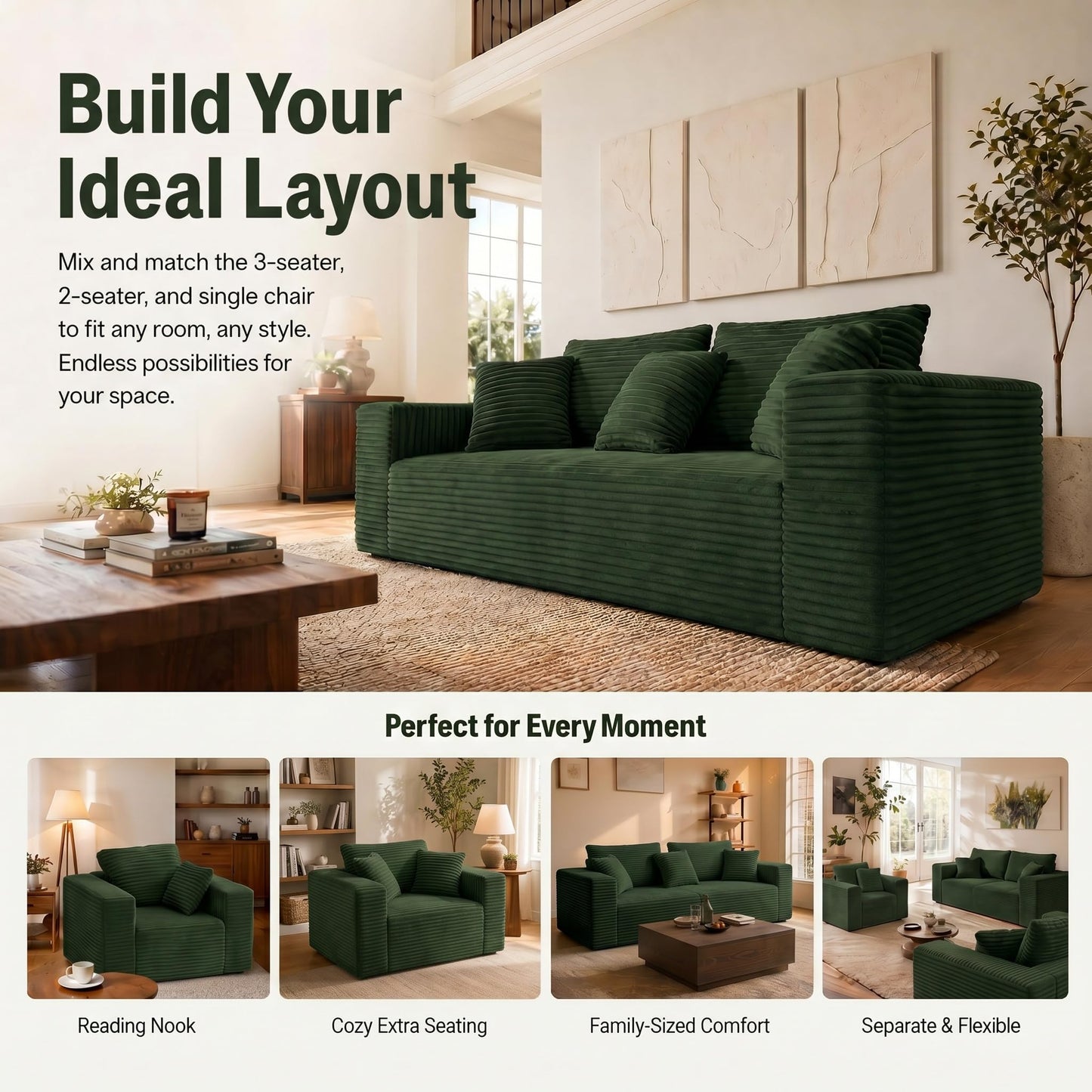 Trygoal 3-Pieces Sectional Boneless Couch Set for Living Room, Oversized Couch Including 3-Seater & 2-Seater & Single Chair, Deep Seat Sofa Set with Armrests & Pillows,No Assembly Required, Green