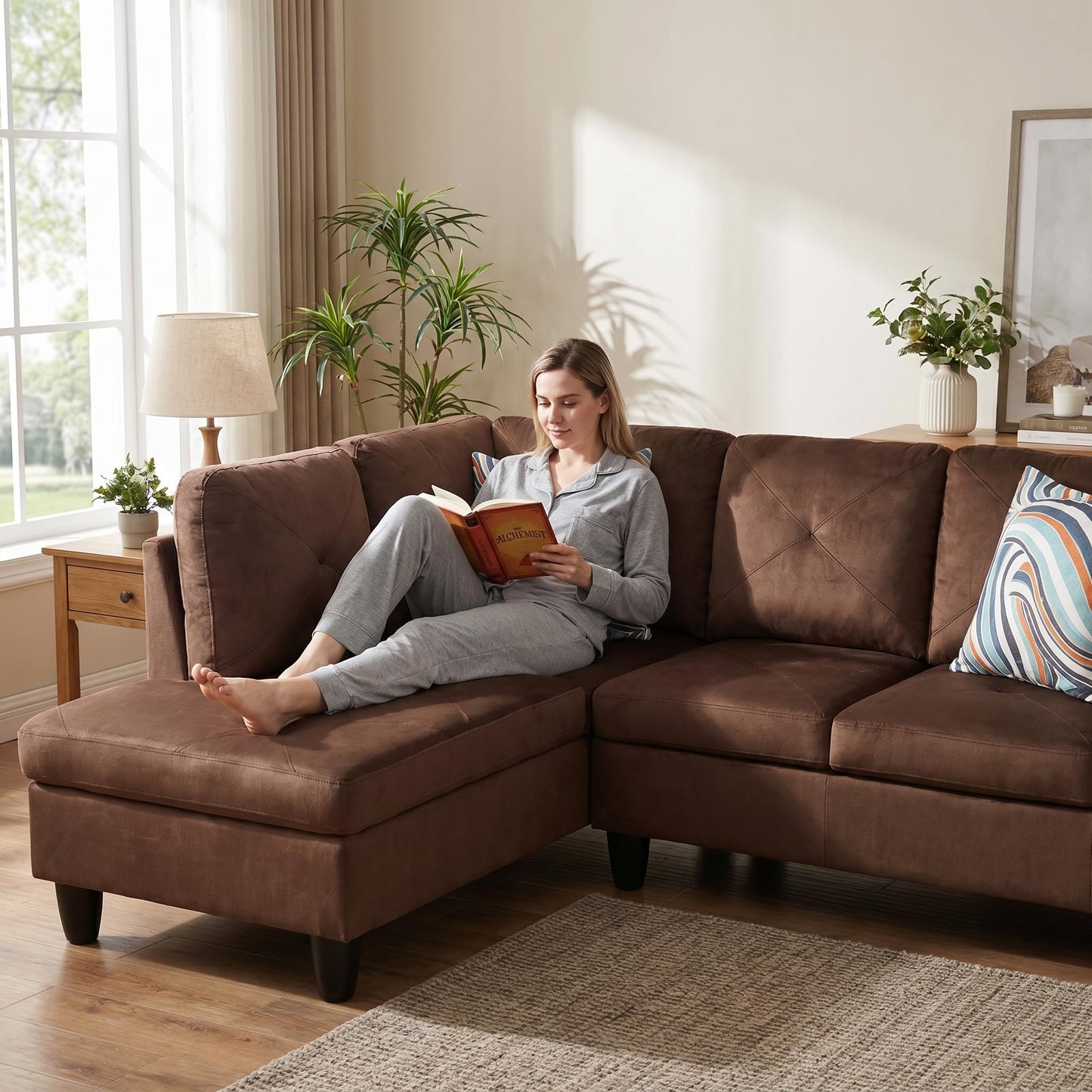 Trygoal L-Shaped Sectional Sofa, Modern 4-Seat Couch with Right Facing Chaise, Sectional Couch for Living Room, Apartment, Office, Brown