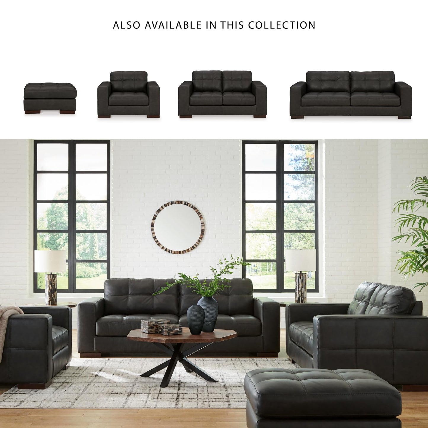 Signature Design by Ashley Luigi Modern Tufted Leather Match Loveseat, Black