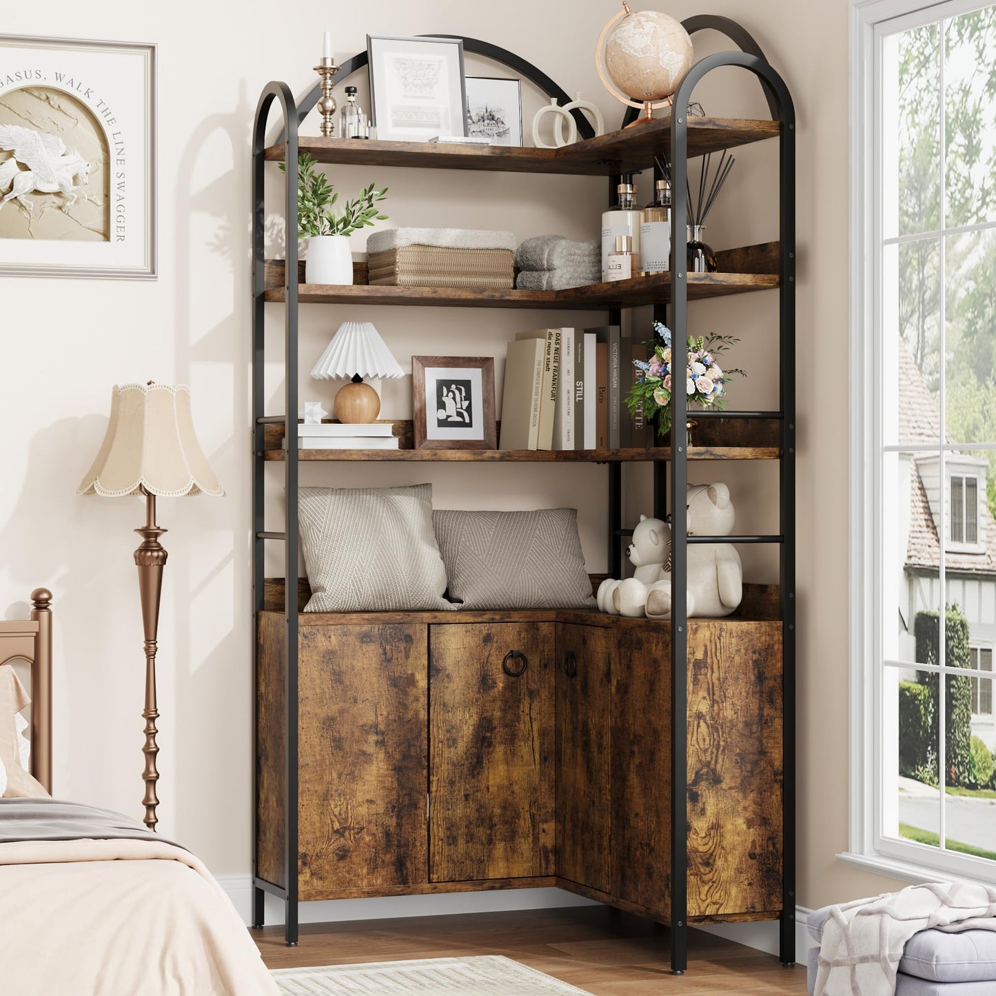 Garvee Corner Bookshelf with Storage, 74.5" Corner Bookcase with Cabinet, Large l Shaped Bookshelf Arched 6 Tier Corner Bookcase with Metal Frame for Living Room Bedroom