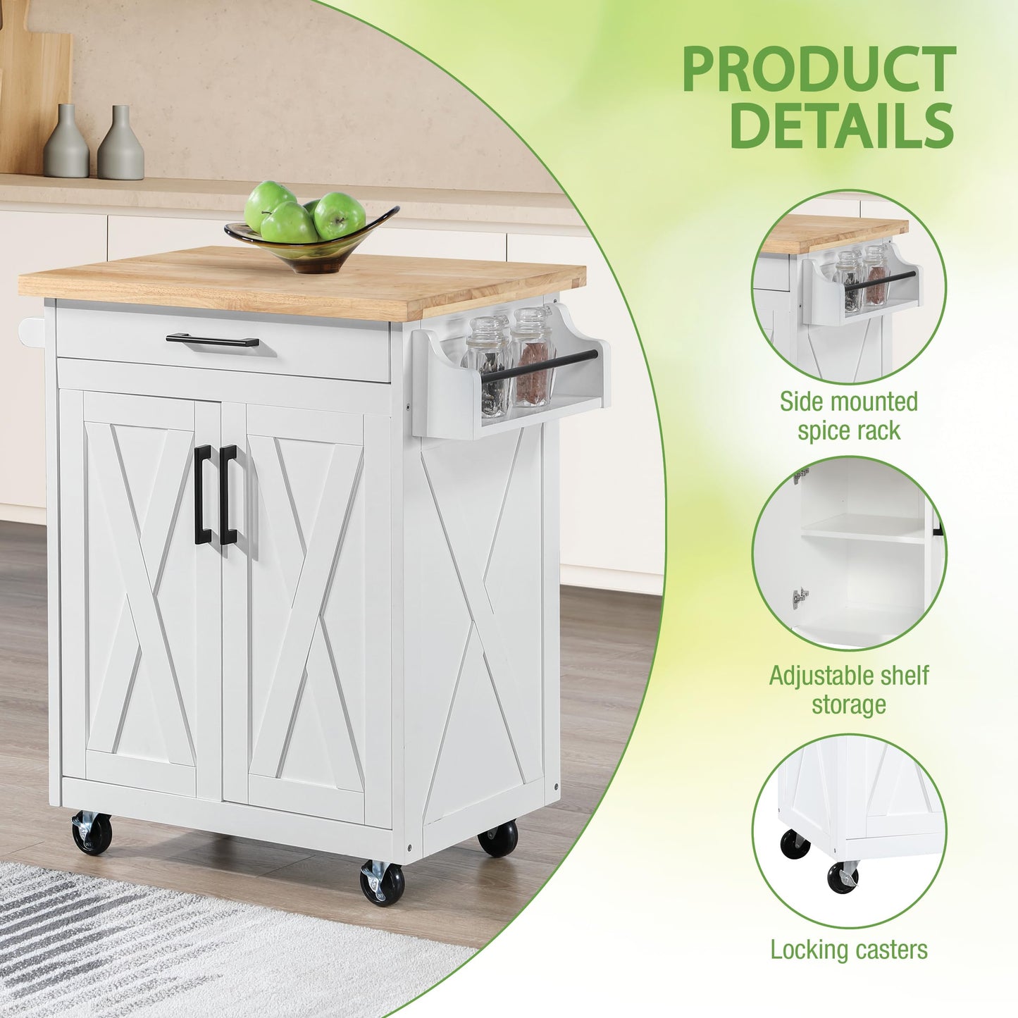 OSP Home Furnishings Bolten Farmhouse Kitchen Cart with Butcher Block Top, Rolling Island with Storage Cabinet and Drawer, 35.5H x 32W x 19D inches, White