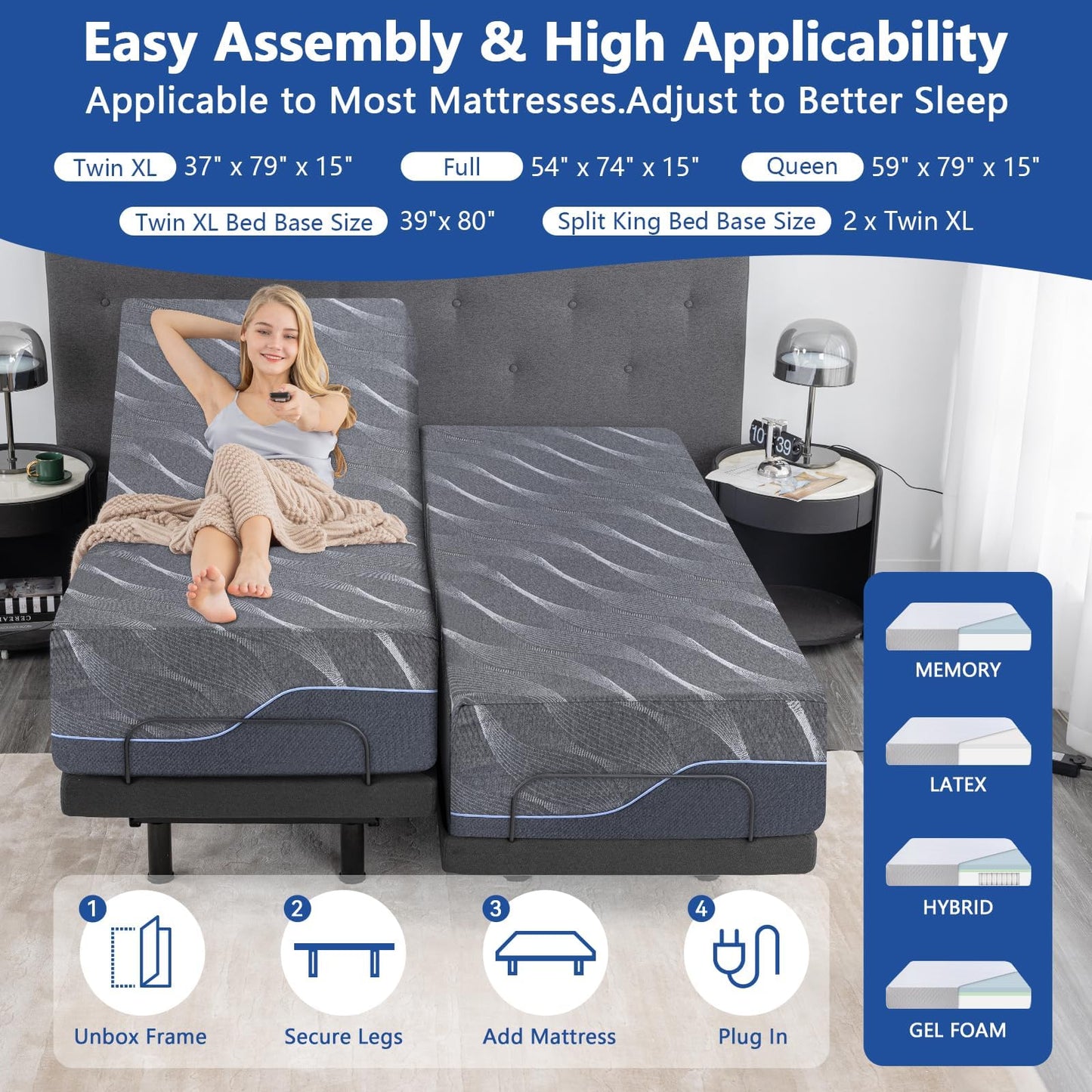 Queen Adjustable Bed Base with Mattress, 14 Inch Grey Gel Memory Foam Medium-Firm Mattress in Box, Updated Adjustable Bed Frame with Thickened Foam Frame, Massage, Wireless Remote Smart Adjustable Bed