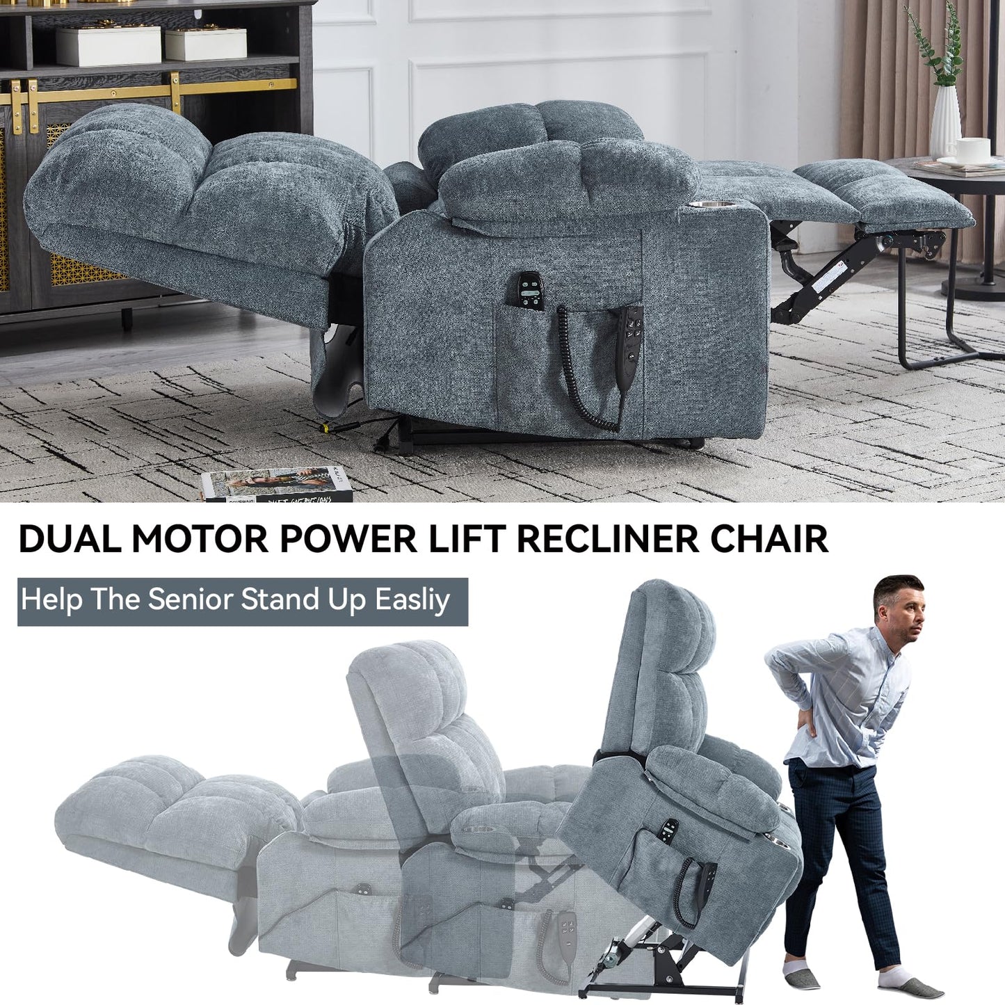 KEIKI Large Dual Motor Power Lift Recliner Chair for Adult, Chenille Upholstery Breathable Rocking Chair with Back Massager and Heated with Cup Holders, Modern Soft Living Room Lounge,Grey Blue