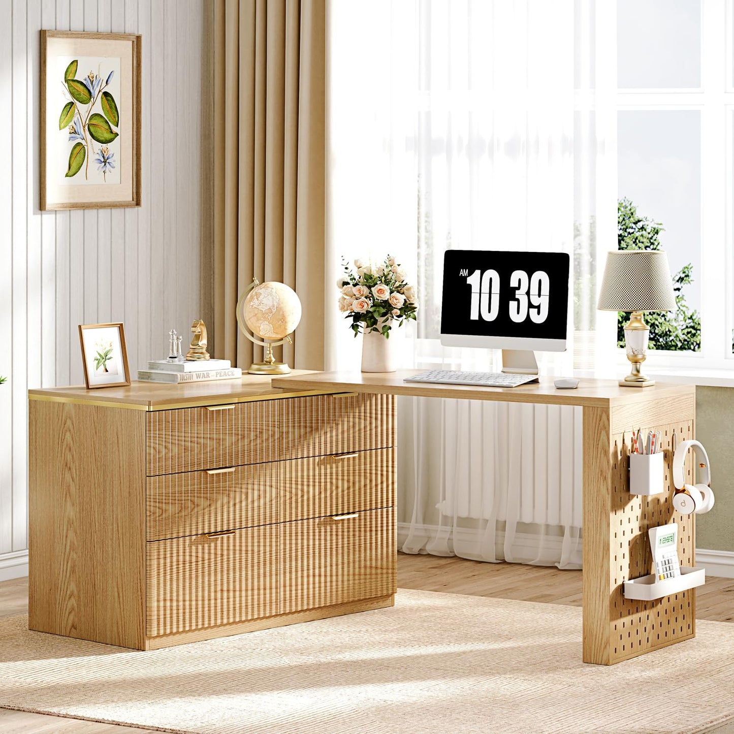 Ieejdn L Shaped Expandable Desk,47" Home Office Desks, Executive, Farmhouse Computer Desk with 6 Drawers File Drawer, Rustic Computer Writing, Oak