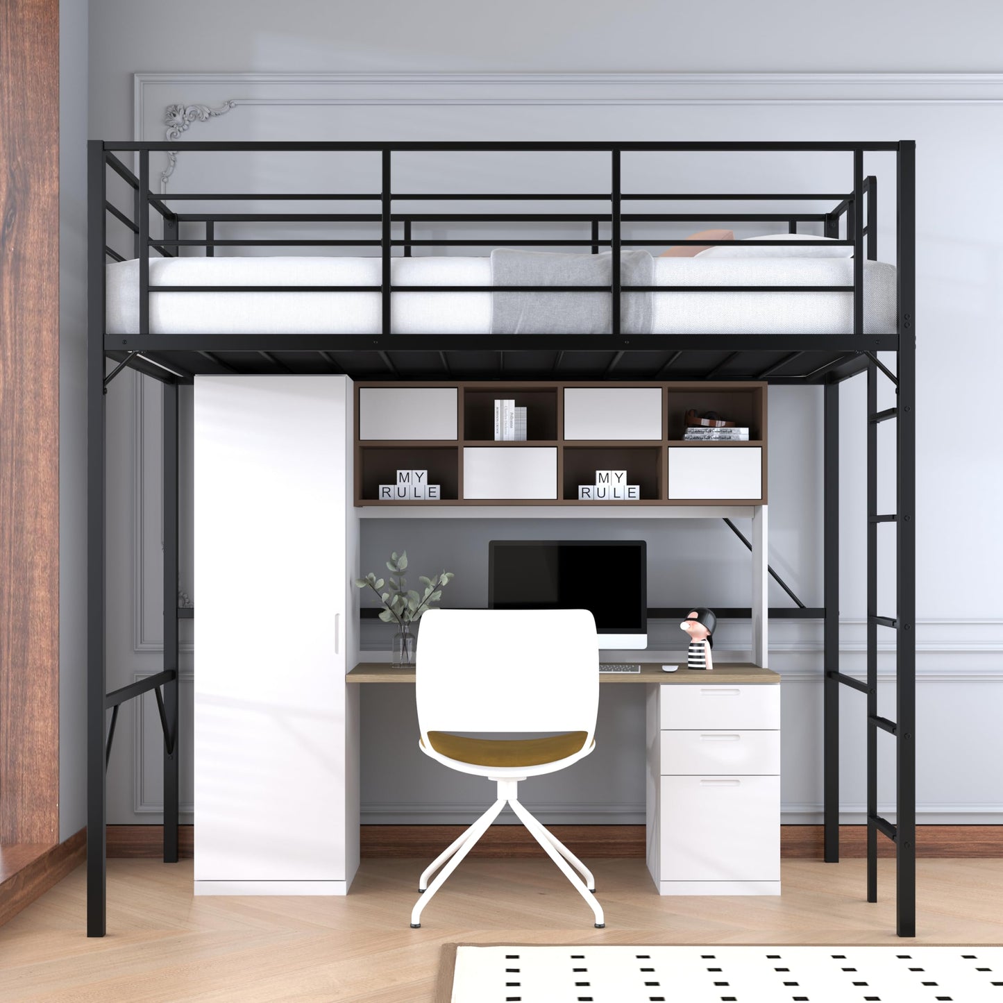 Debercu Twin loft Bed 75 inch High with High Guardrail,Space Saving Bedframe with Wide Ladder Rungs,No Sagging,Allow 12 inch Mattress Sturdy Metal Bed,Black