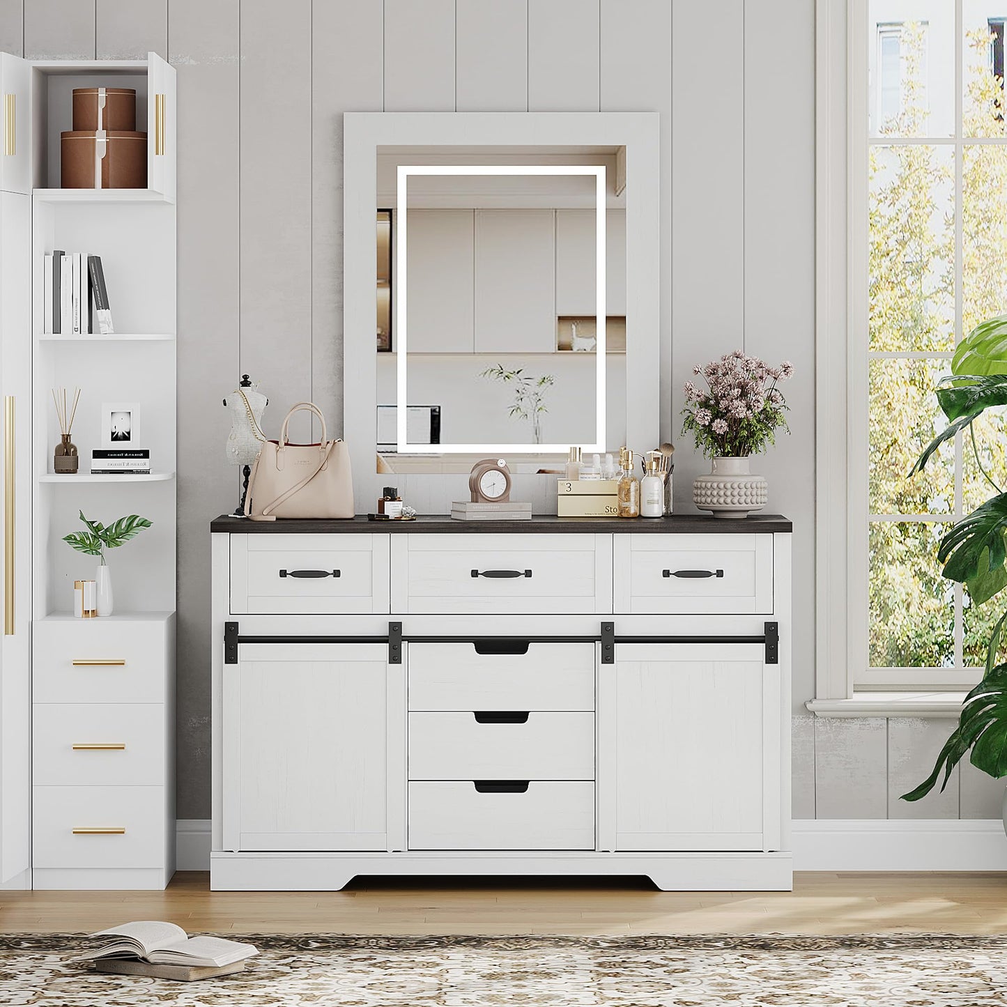GarveeHome 47.2 in Farmhouse Buffet Cabinet, Sideboard Cabinet with LED Mirror, White Coffee Bar with 6 Drawers for Dinning Room, Kitchen, Living Room