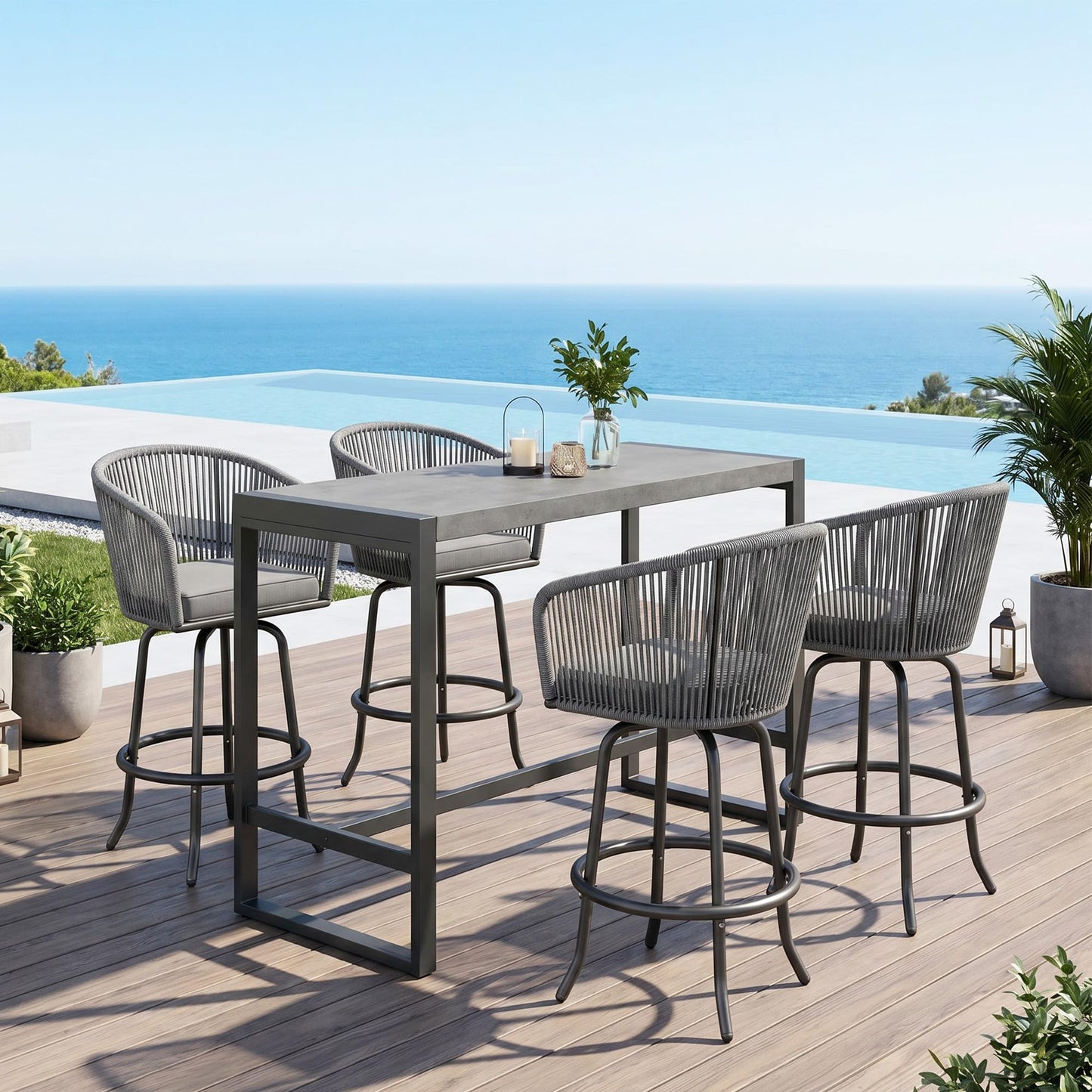 YITAHOME 27" Bar Stools Set of 4 with Arms & Cushions, 360° Swivel Outdoor Bar Stools, All Weather Counter Height Bar Stools Set of 4 with Curved Back for Backyard, Kitchen Island, Dining Room, Gray