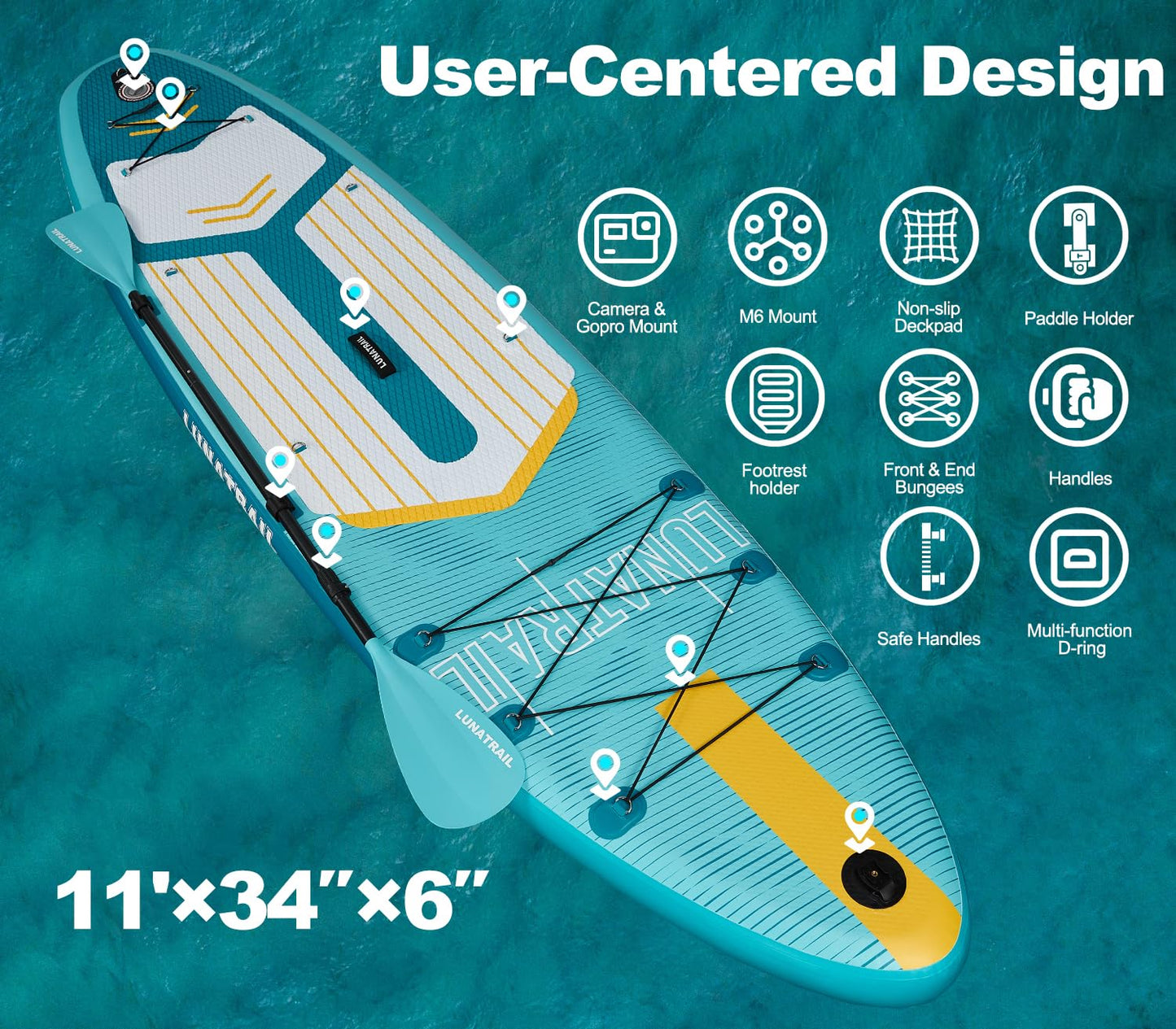 【11'×34"】 Extra Long/Extra Wide Premium Inflatable Stand Up Paddle Board (SUP) – Portable & Lightweight for Yoga, Surfing, Family Fun | Complete Kit with Paddle, Pump, Bag | Durable Design