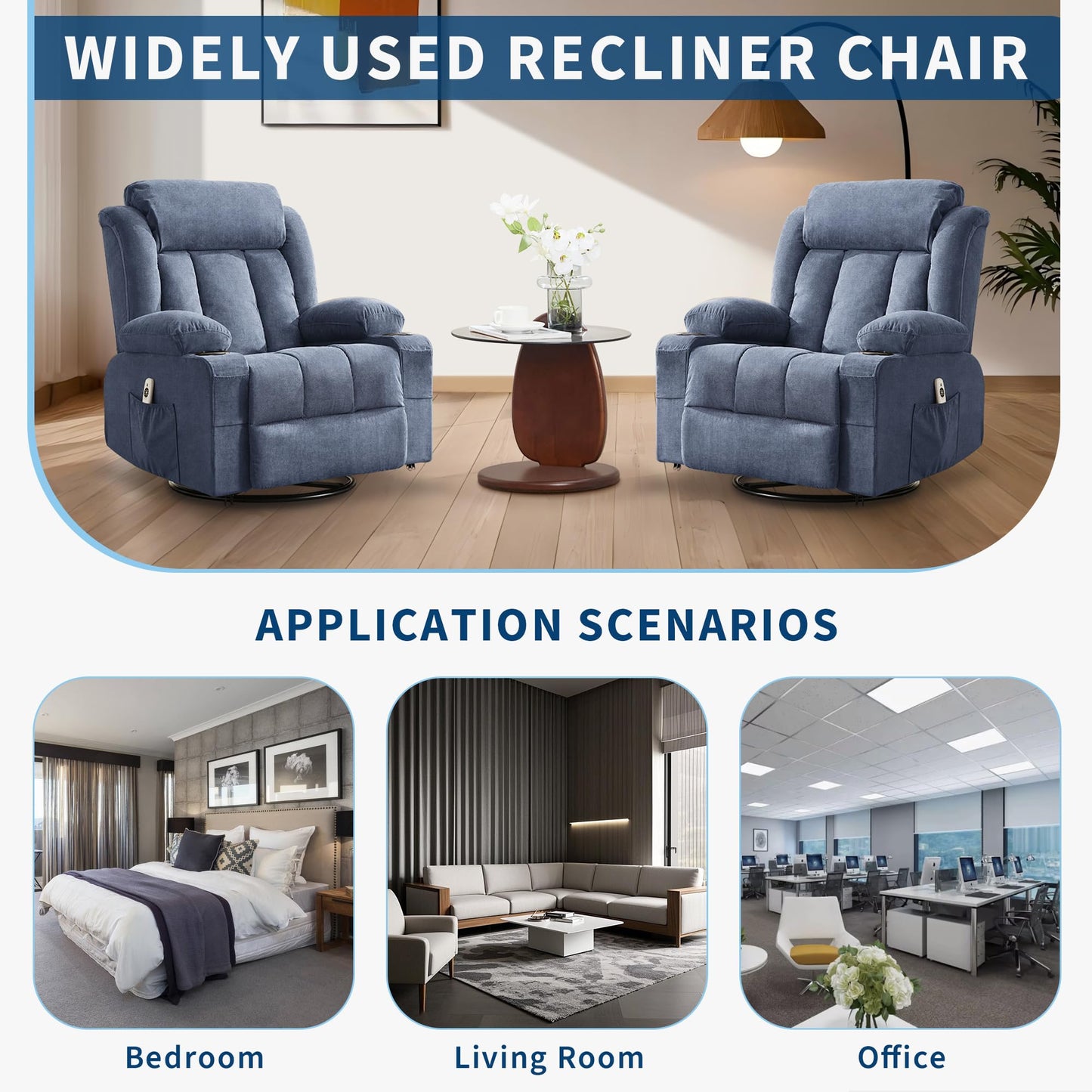 PeacefulHues Large Recliner Chair with Massage & Heat, Comfy Sofa Chair with 3 Positions, Side & Front Pockets, 2 Cup Holders for Living Room, Bedroom, Office, Lounge Area, Gray
