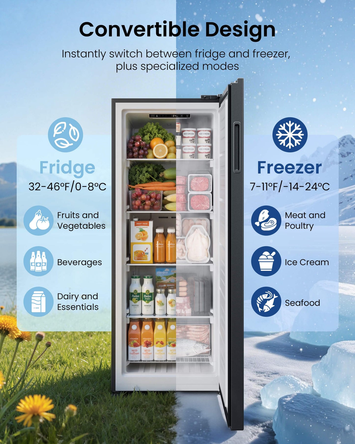 ICEVIVAL Upright Freezer, 11.0 Cu. Ft, Commercial Certified, Convertible 4-in-1 Refrigerator/Freezer with Frost-Free, Garage Ready, Digital Control, Freestanding for Home, Kitchen, Basement