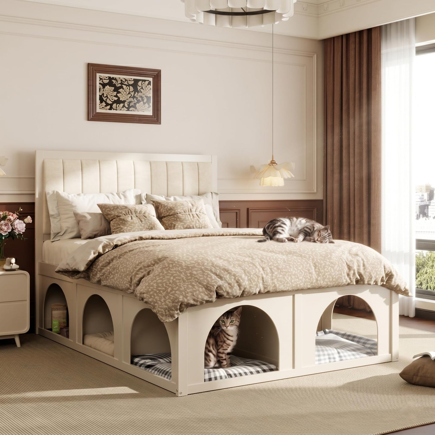 Christopher Knight Home Queen Size Pet-Friendly Platform Bed Frame with Upholstered Headboard, Elevated Bed with Under-Bed Pet Nook and Storage Space, Wood Slat Support, No Box Spring Needed, Beige