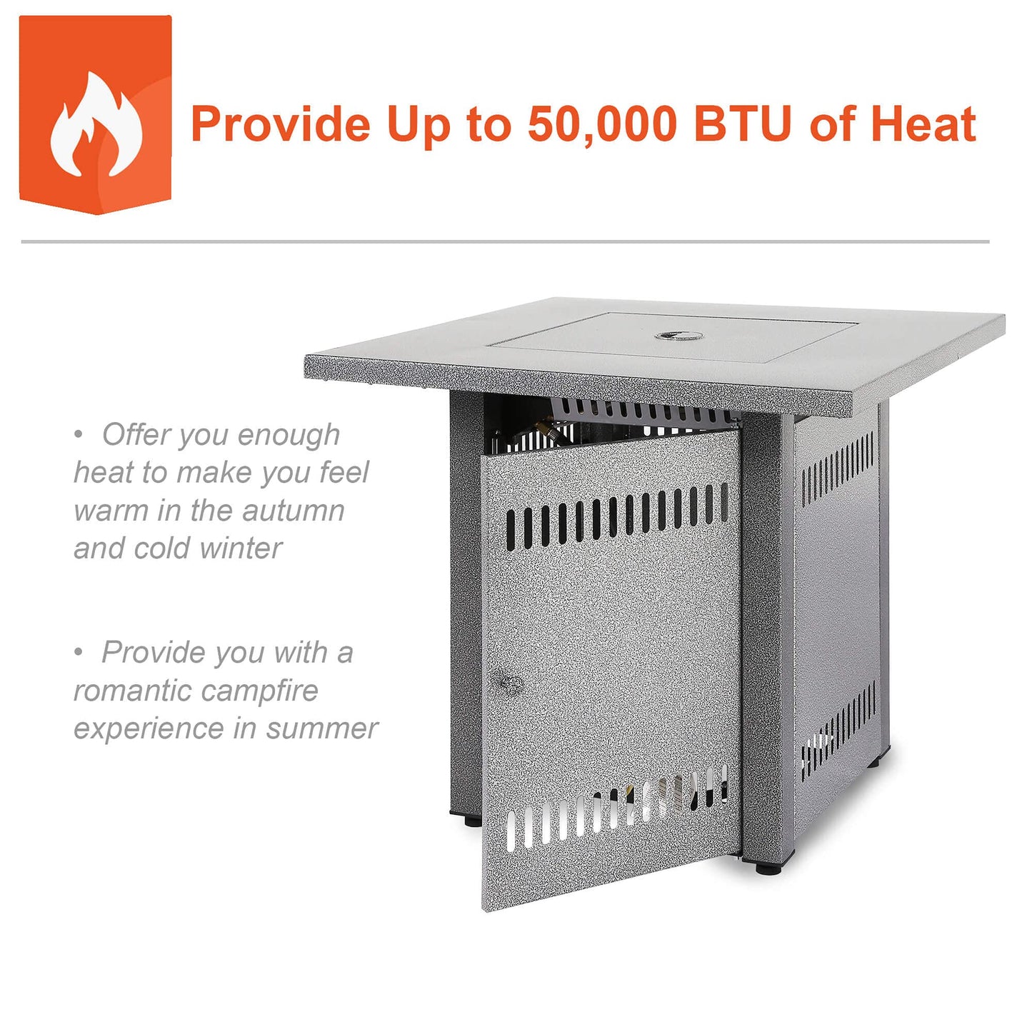 Fire Pit Table, Gas Firepit Square Steel Fire Pit Outdoor Fireplace for Patio with Pulse Ignition System, Small Fire Pit for Deck and Garden, 50000BTU, Silver Grey