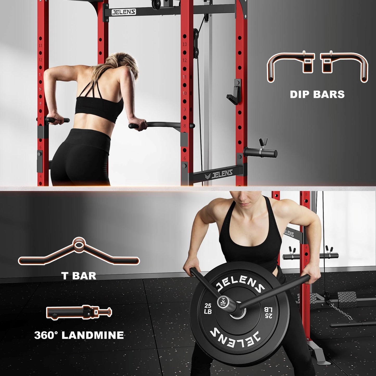 JELENS S21 Power Cage, Multi-Function Power Rack with Adjustable Cable Crossover System, 2000LBS Squat Rack for Home Gym with More Training Attachments (Red, 0823BK-05)
