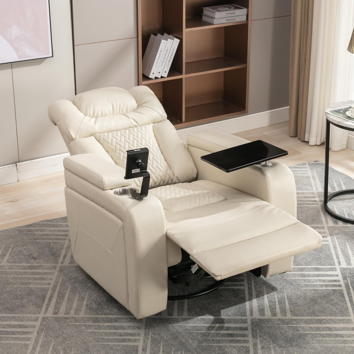 Ball & Cast Power Recliner Chair,270 Degree Swivel PU Leather Home Theater Seating for Living Room,Soft Individual Chair with Tray Table, Phone Holder,Cup Holder,USB Port,Hidden Arm Storage,White