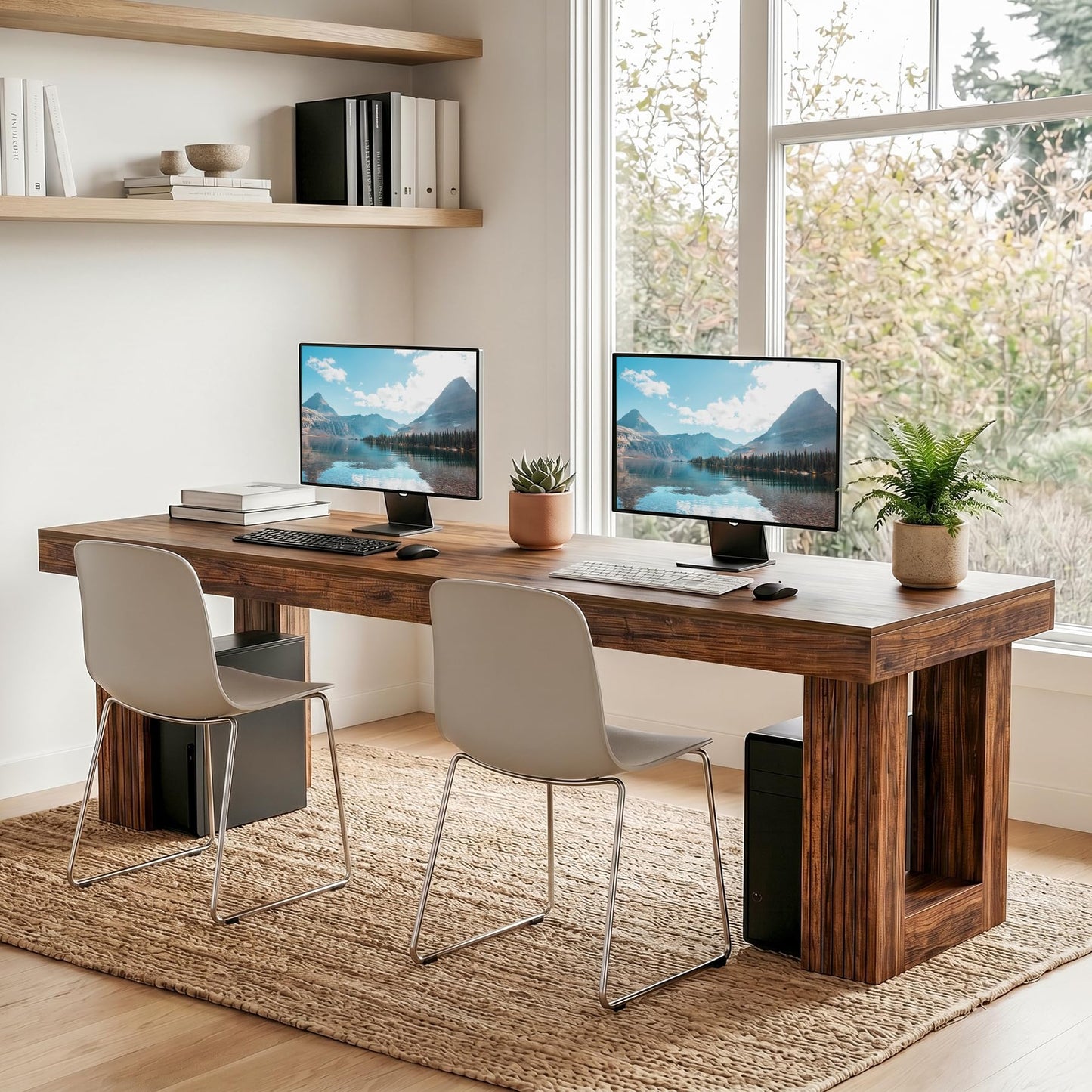 LITTLE TREE Computer Desk for 2 People, 86.6In Extra Long Two Person Desk, Rectangle Double Office Executive Desk, Simple Style Large Business Workstation for Home Office, Rustic Brown