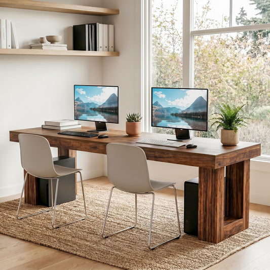 LITTLE TREE Computer Desk for 2 People, 86.6In Extra Long Two Person Desk, Rectangle Double Office Executive Desk, Simple Style Large Business Workstation for Home Office, Rustic Brown