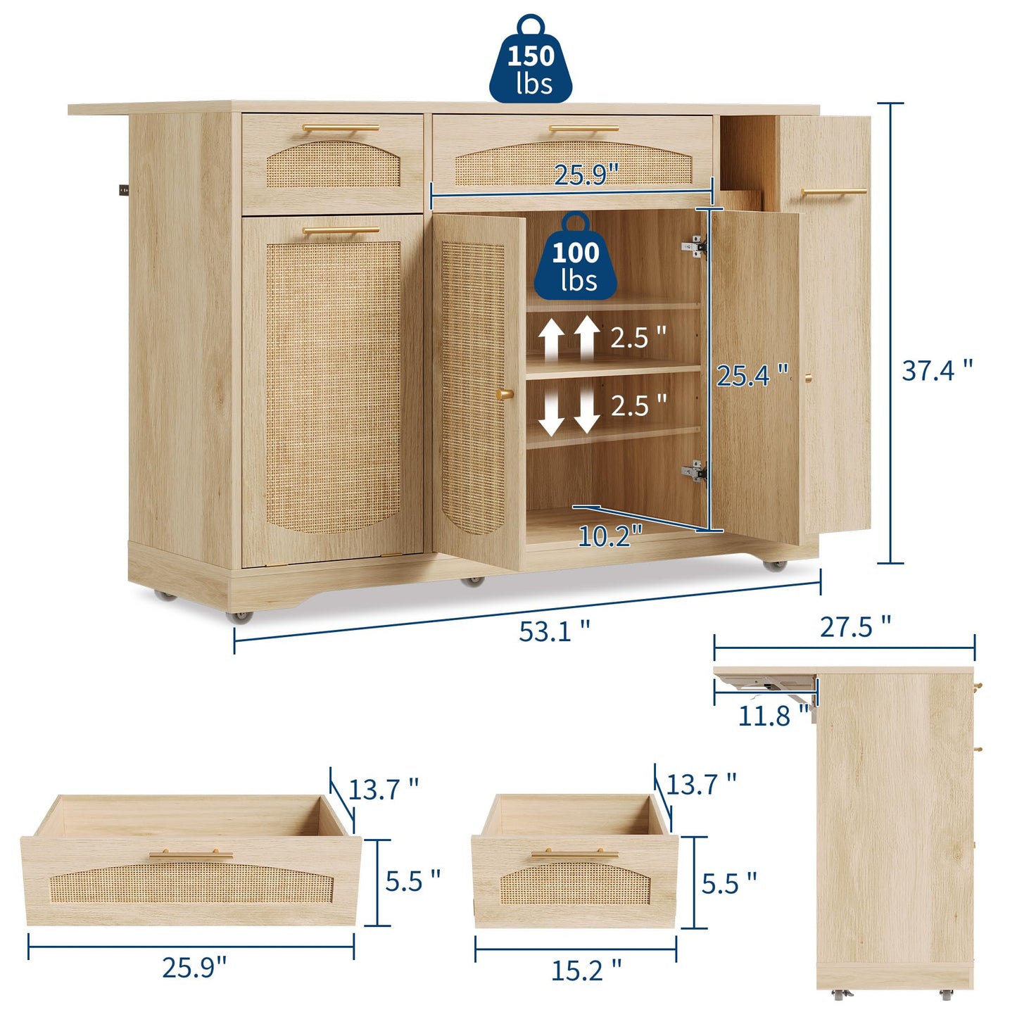 GAOMON 53.1" Kitchen Island on Wheels, Rattan Rolling Kitchen Island Cart with Drop Leaf Breakfast Bar, Tilt Out Trash Can Cabinet, Storage Cabinet, Drawer, Tower Rack, Kitchen Cart (Natural)